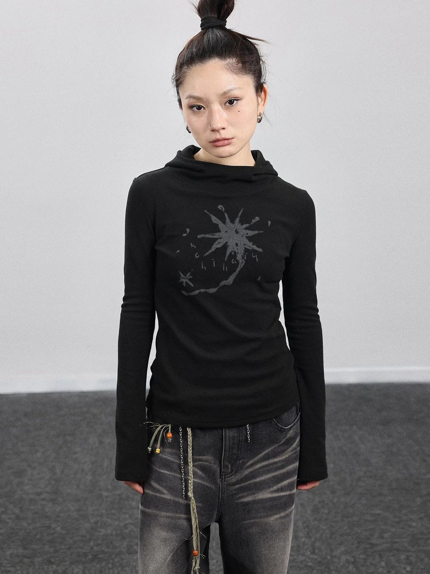 Hooded Star Print Thermal Long Sleeve T Shirt