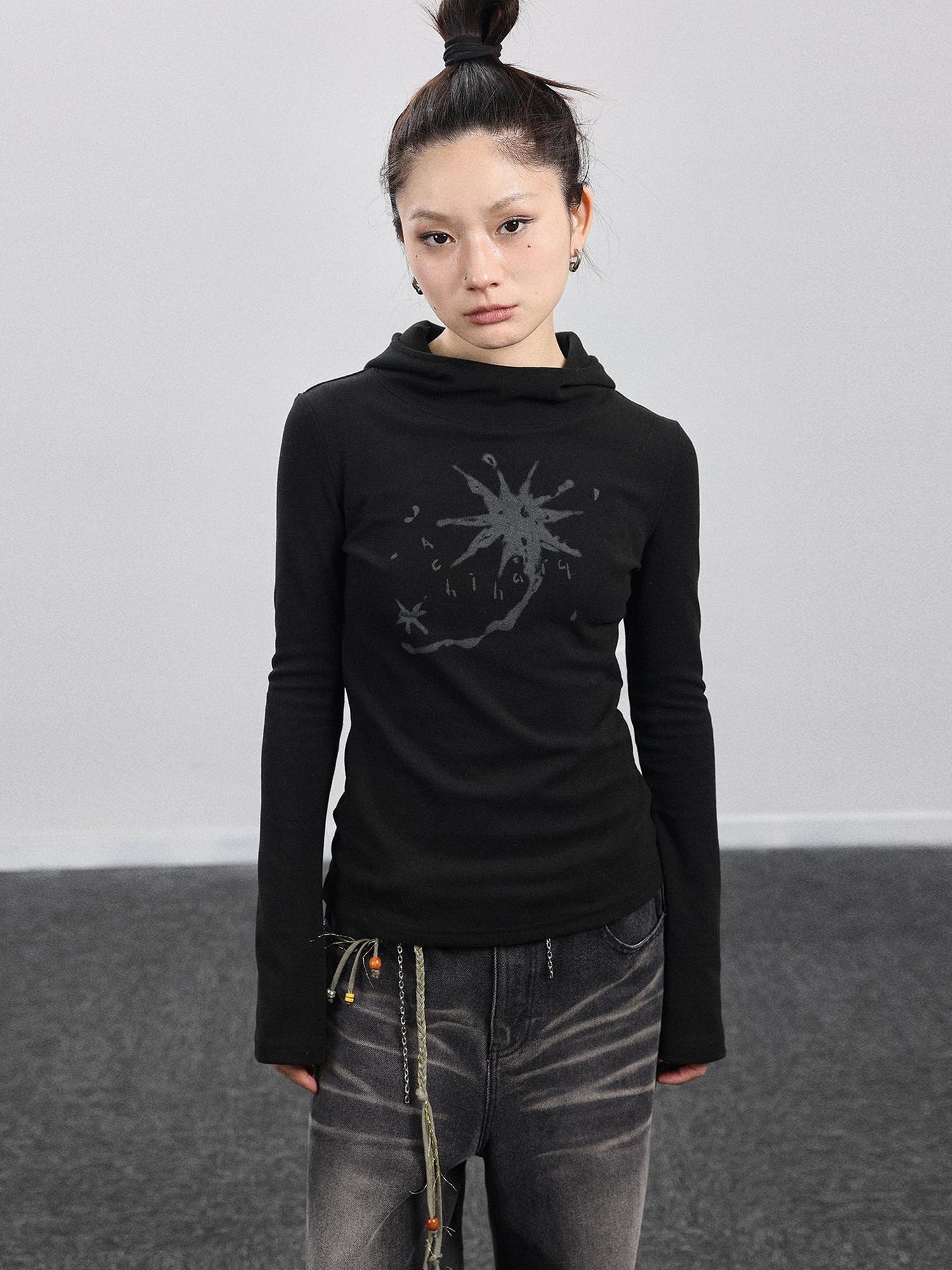 Achihara Hooded Star Print Thermal Long Sleeve T Shirt