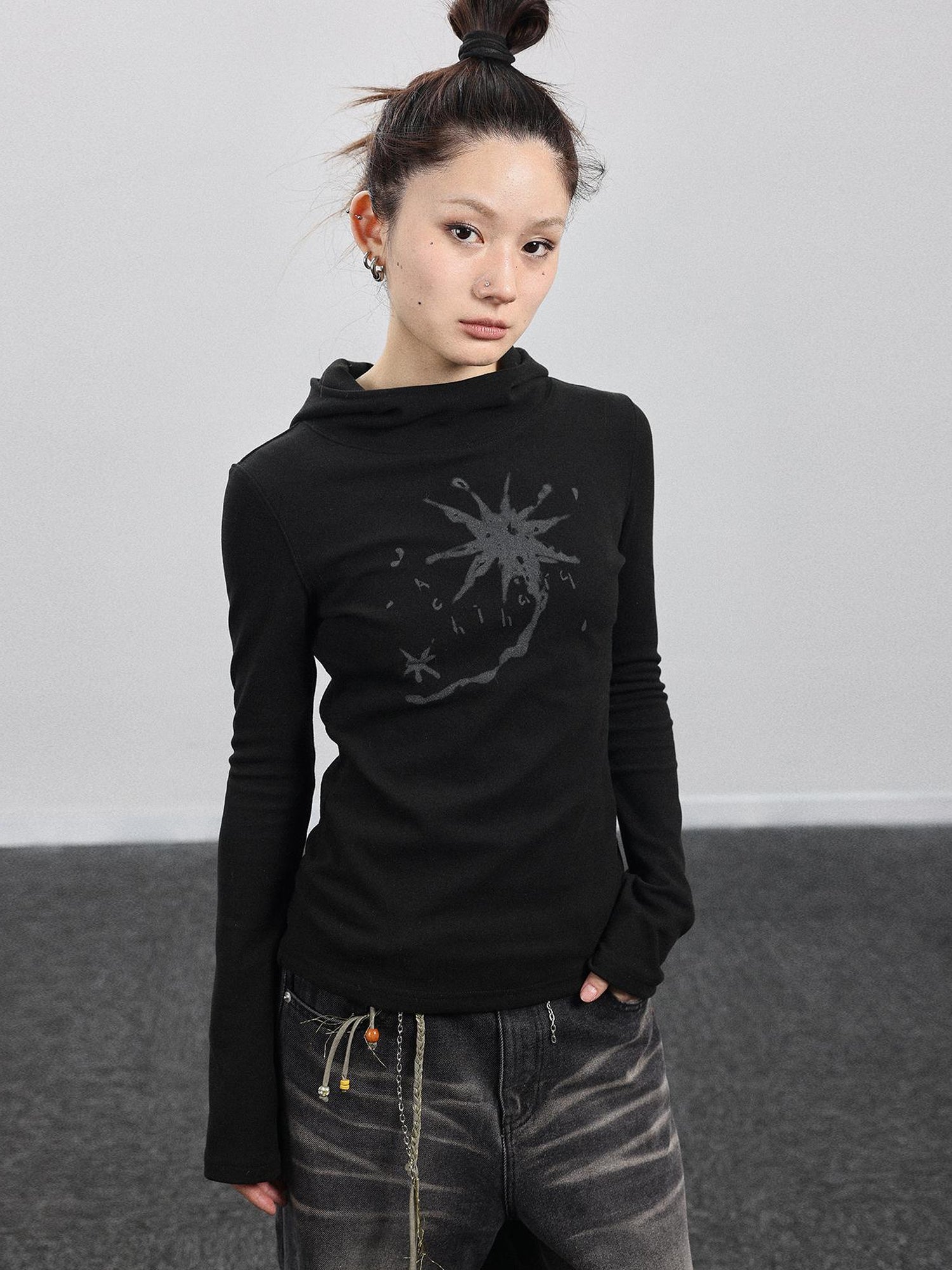 Achihara Hooded Star Print Thermal Long Sleeve T Shirt