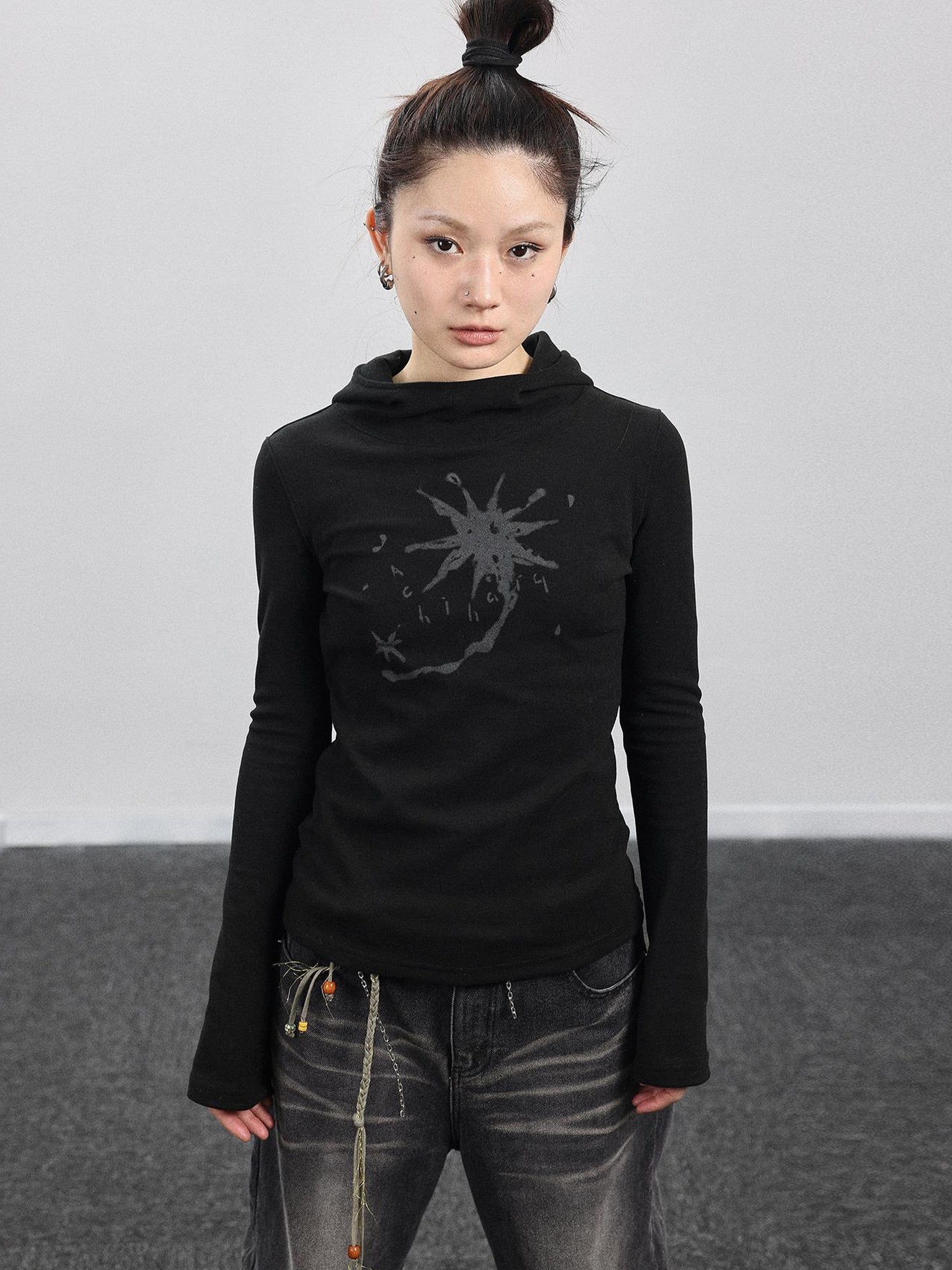 Achihara Hooded Star Print Thermal Long Sleeve T Shirt