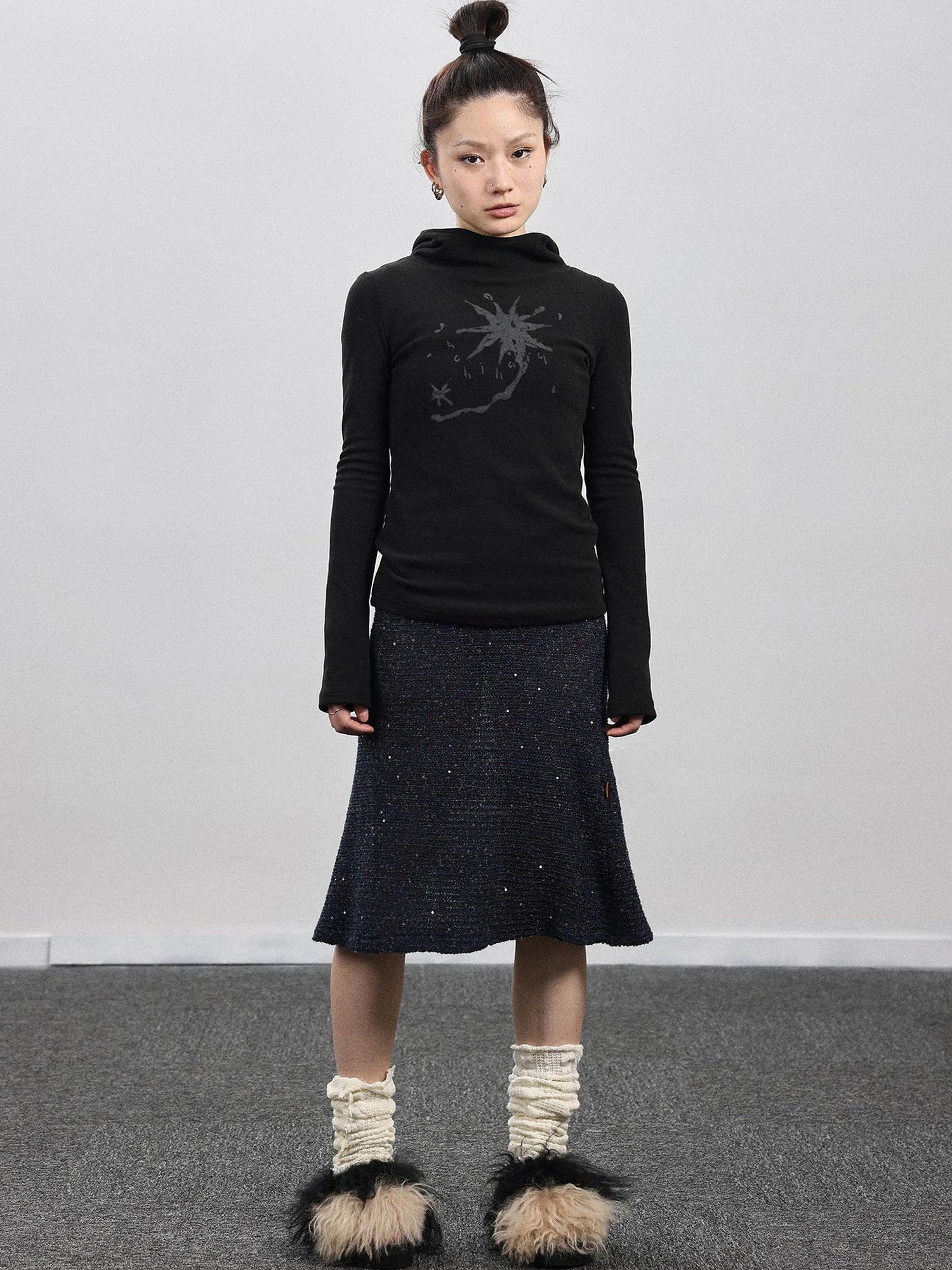Achihara Hooded Star Print Thermal Long Sleeve T Shirt