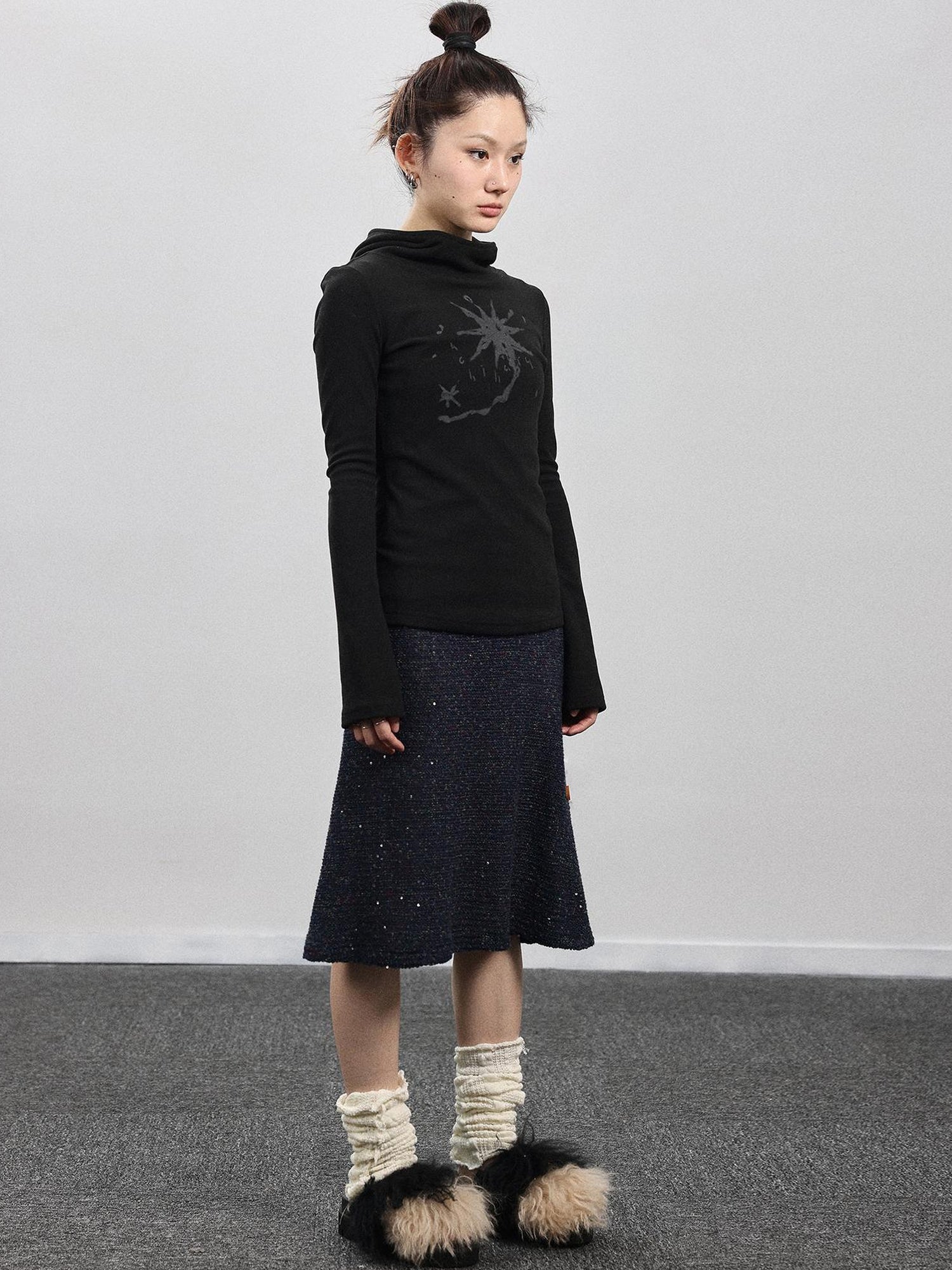 Achihara Hooded Star Print Thermal Long Sleeve T Shirt