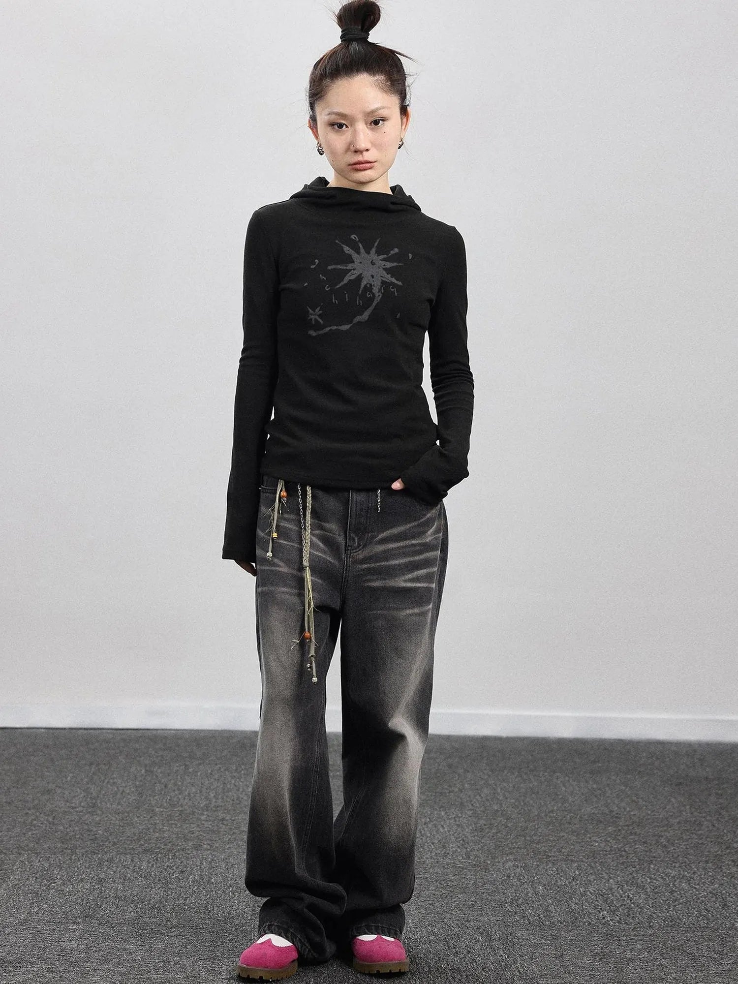 Hooded Star Print Thermal Long Sleeve T Shirt