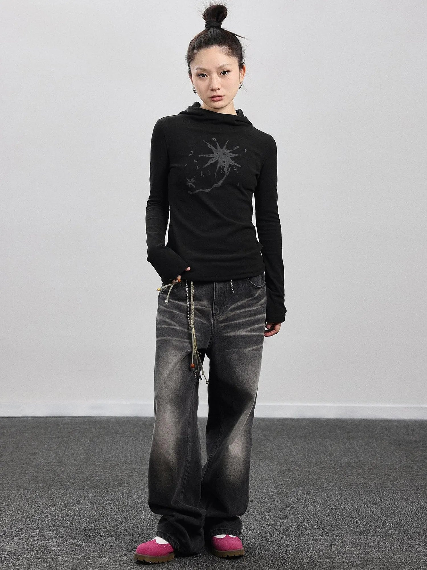 Hooded Star Print Thermal Long Sleeve T Shirt