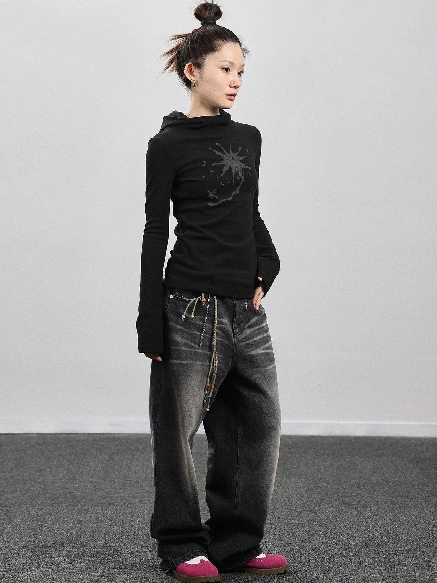 Hooded Star Print Thermal Long Sleeve T Shirt