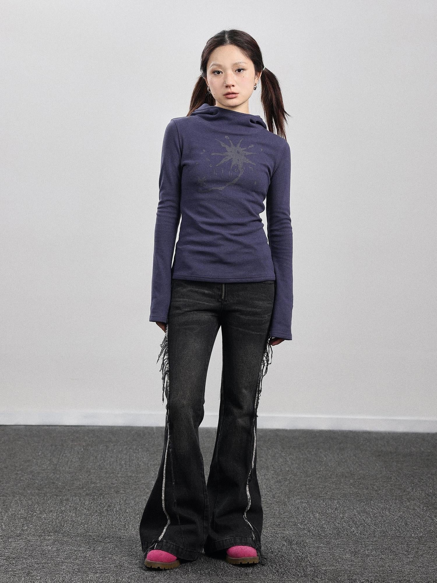 Achihara Hooded Star Print Thermal Long Sleeve T Shirt