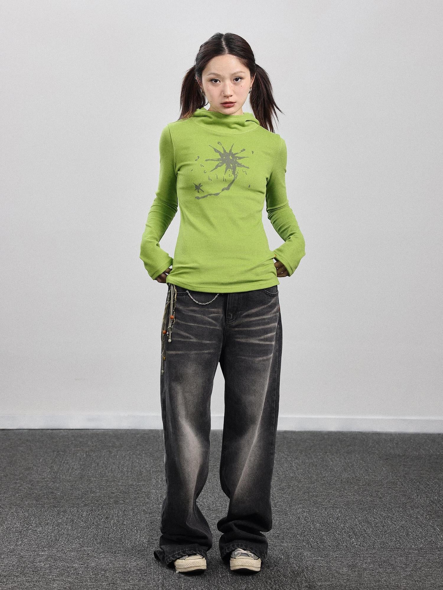 Achihara Hooded Star Print Thermal Long Sleeve T Shirt
