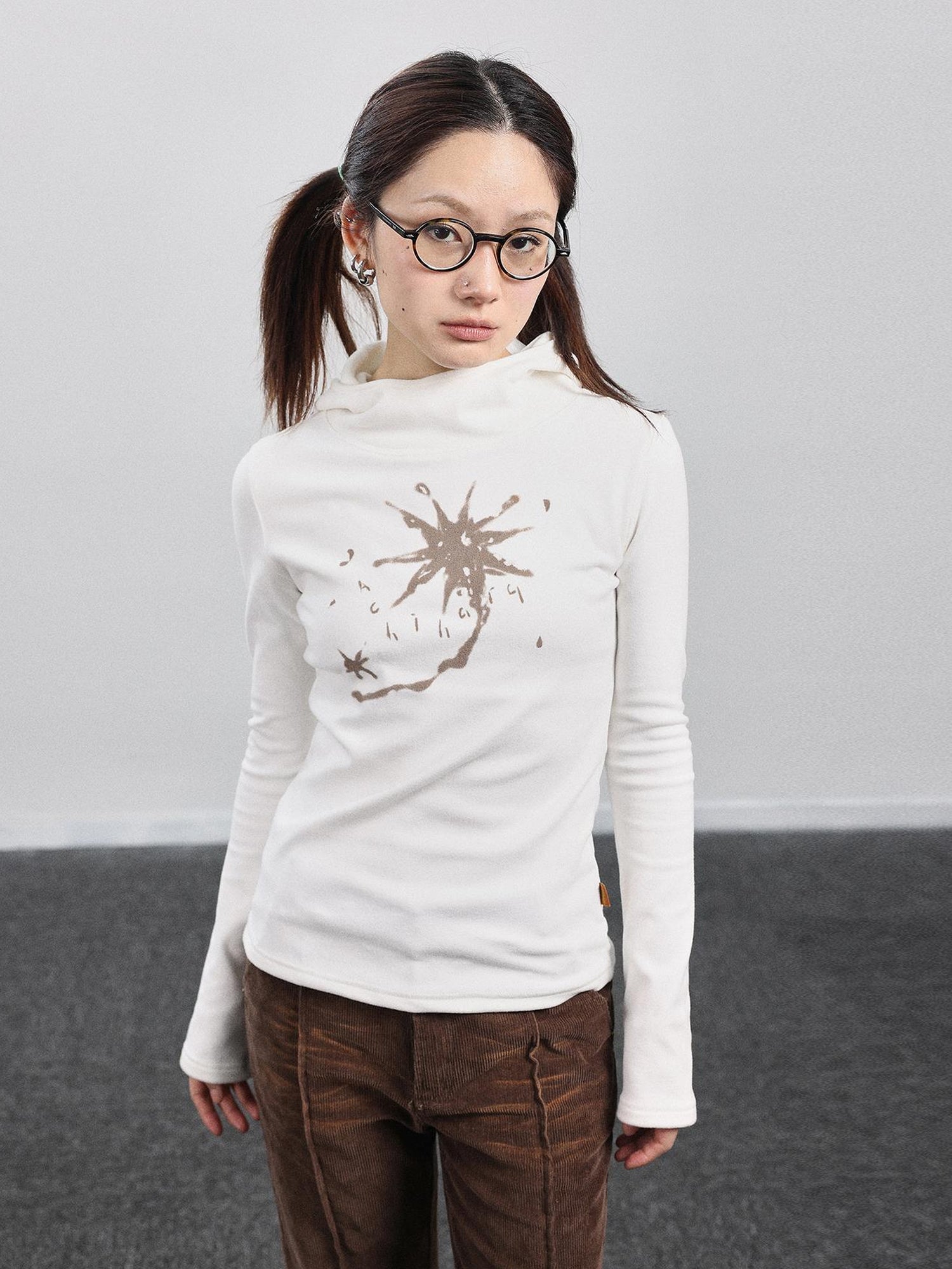 Achihara Hooded Star Print Thermal Long Sleeve T Shirt