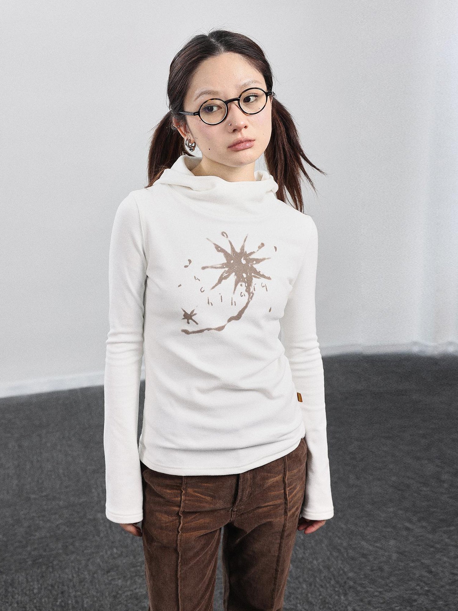 Achihara Hooded Star Print Thermal Long Sleeve T Shirt