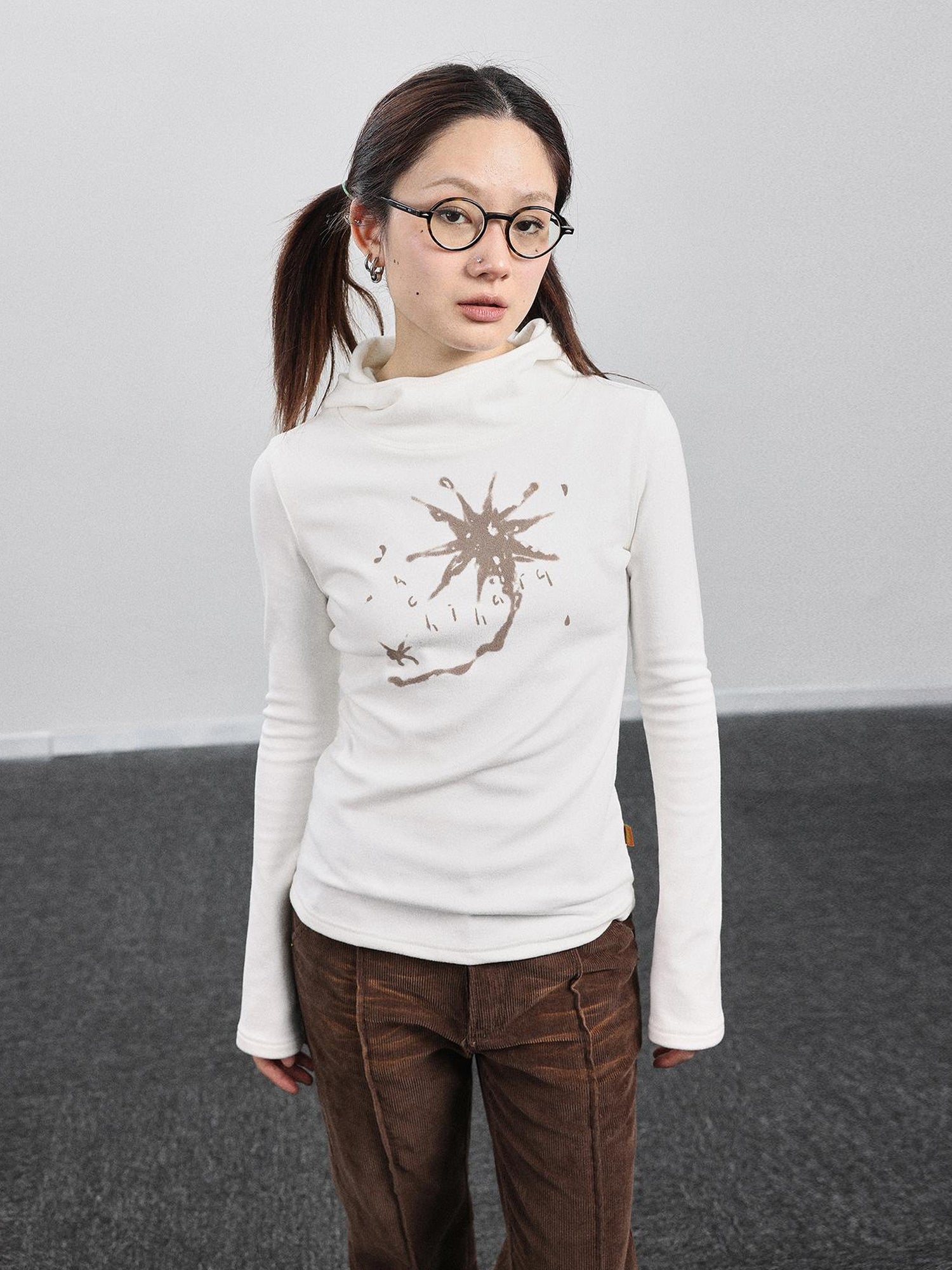 Achihara Hooded Star Print Thermal Long Sleeve T Shirt