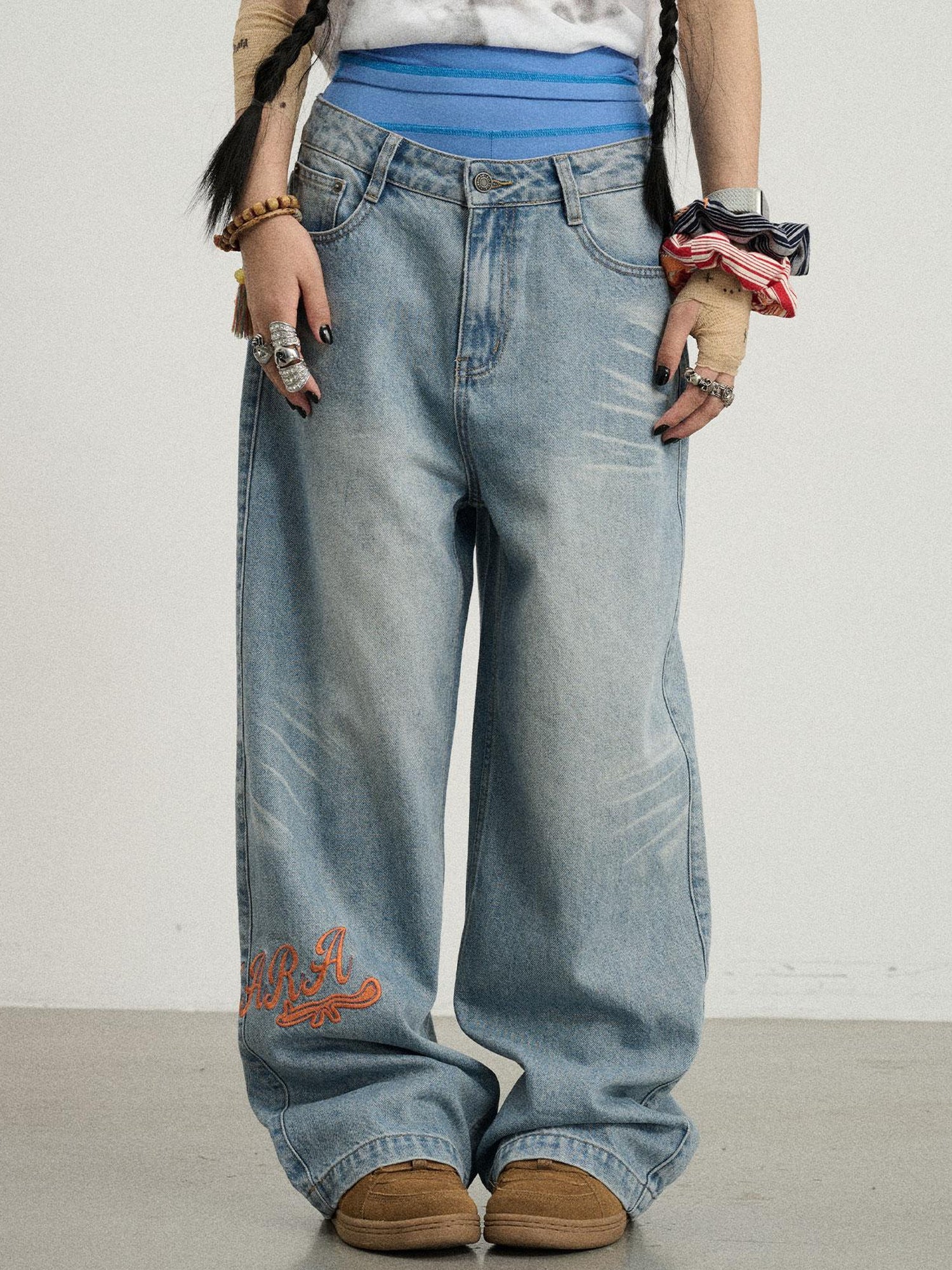 Achihara Iceland Summer Washed Denim Wide Leg Jeans