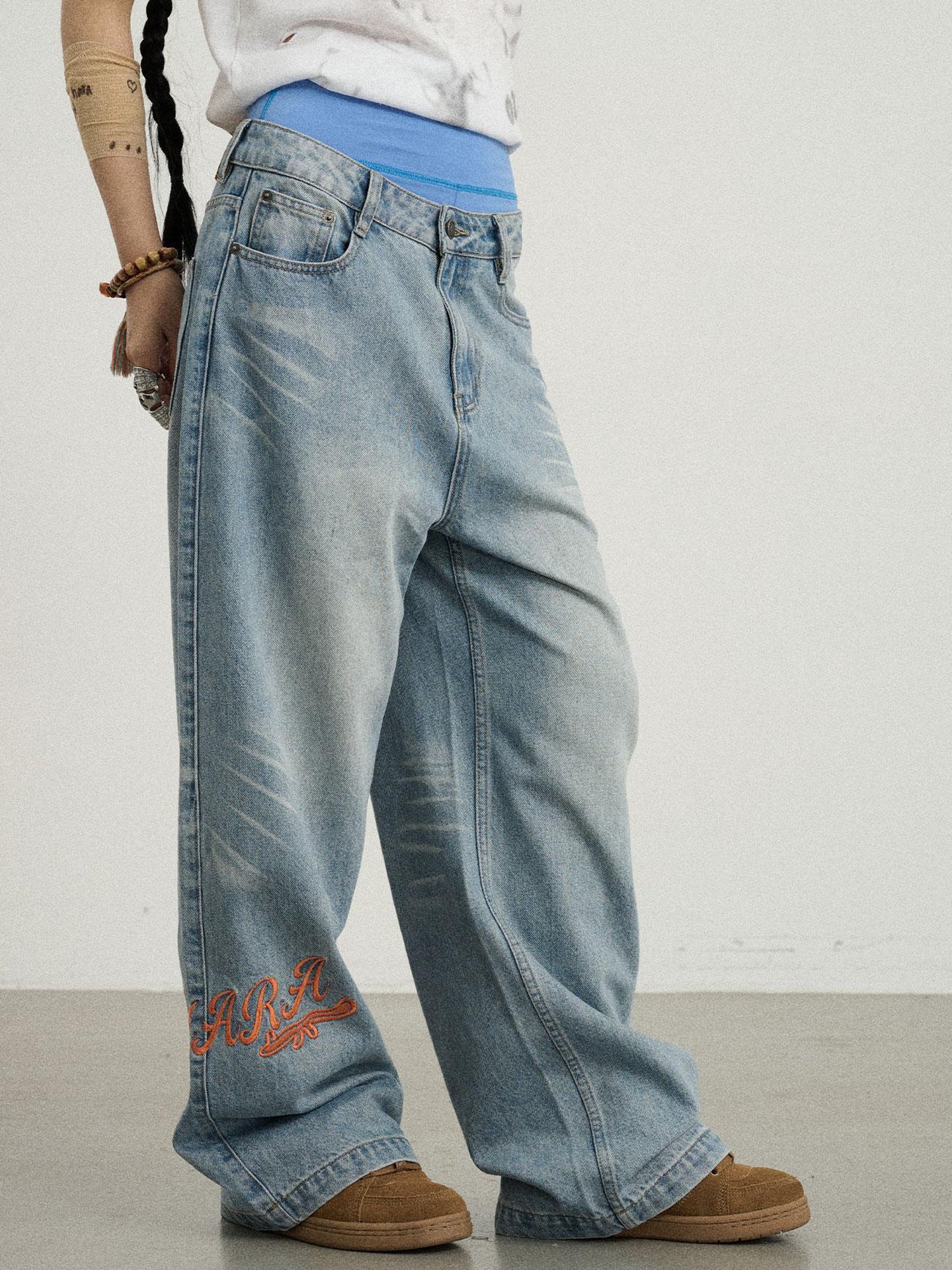 Achihara Iceland Summer Washed Denim Wide Leg Jeans