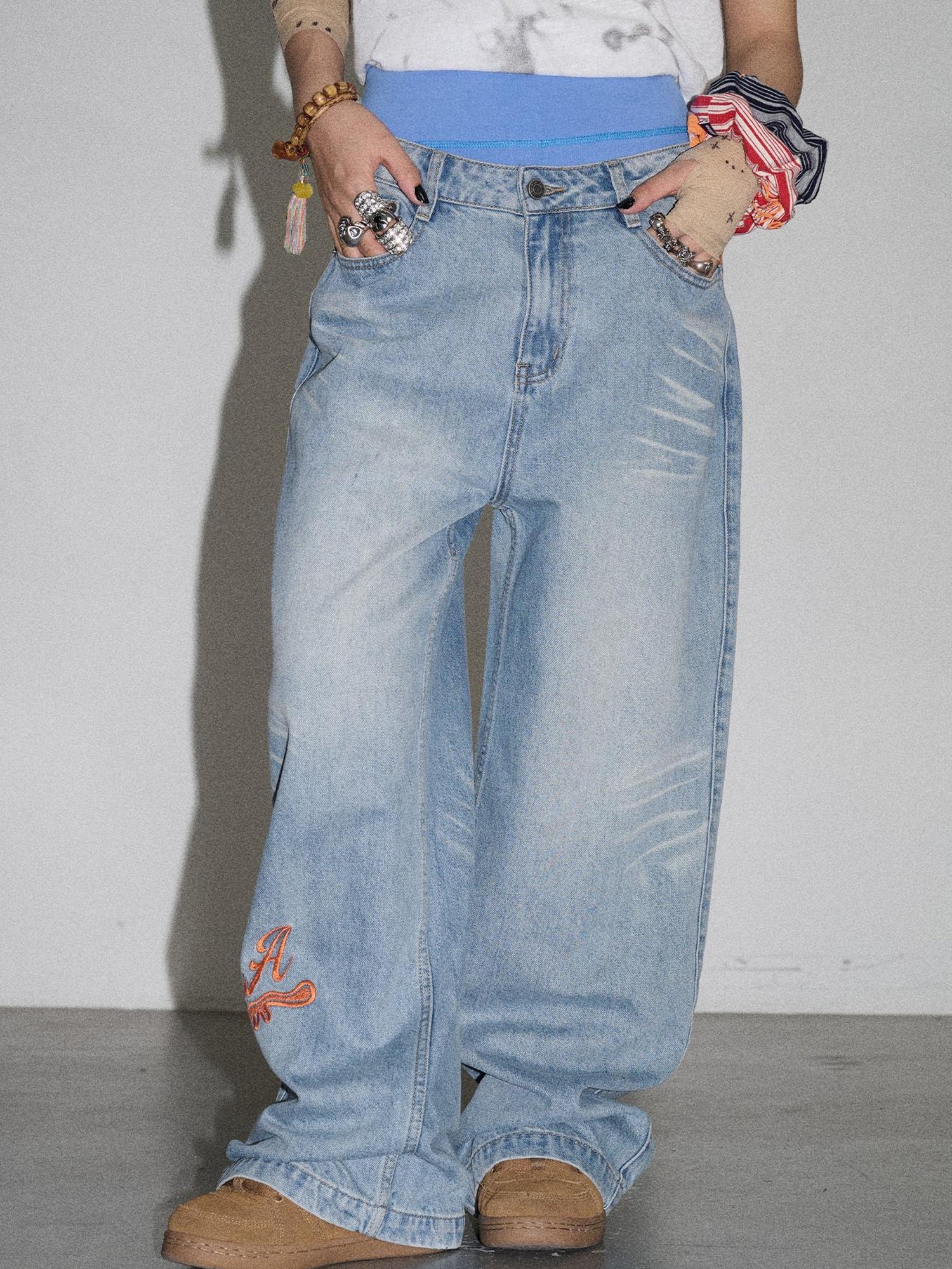 Achihara Iceland Summer Washed Denim Wide Leg Jeans