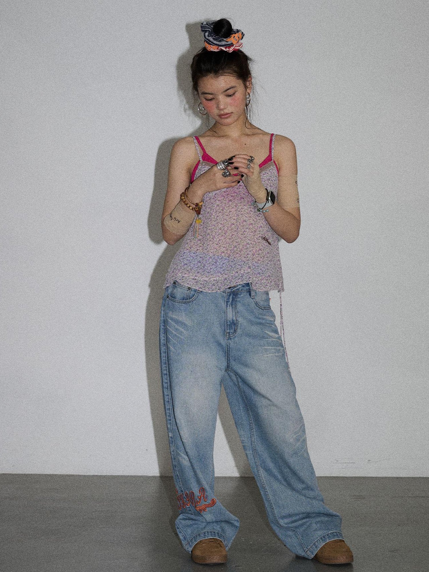 Achihara Iceland Summer Washed Denim Wide Leg Jeans
