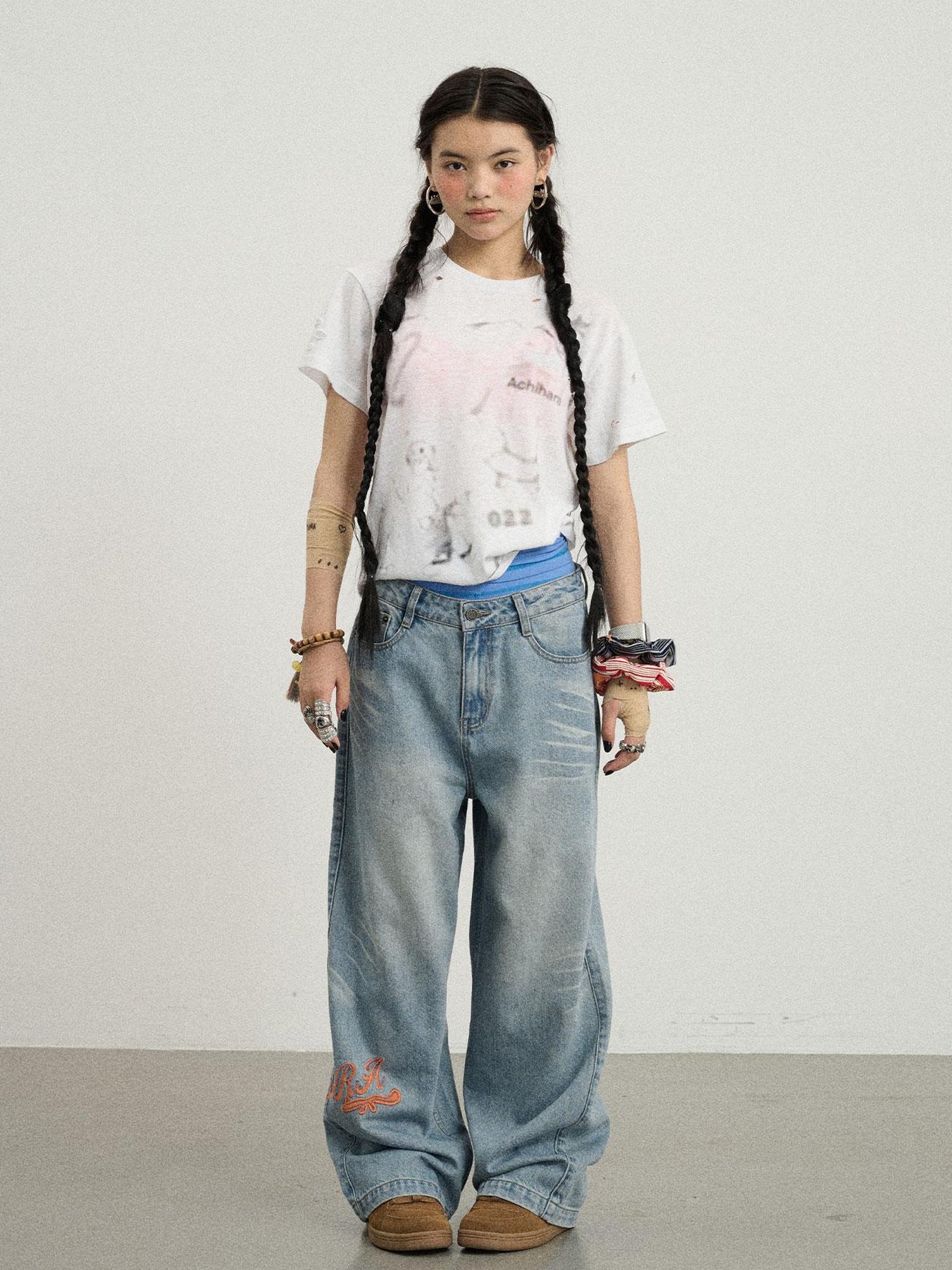 Achihara Iceland Summer Washed Denim Wide Leg Jeans