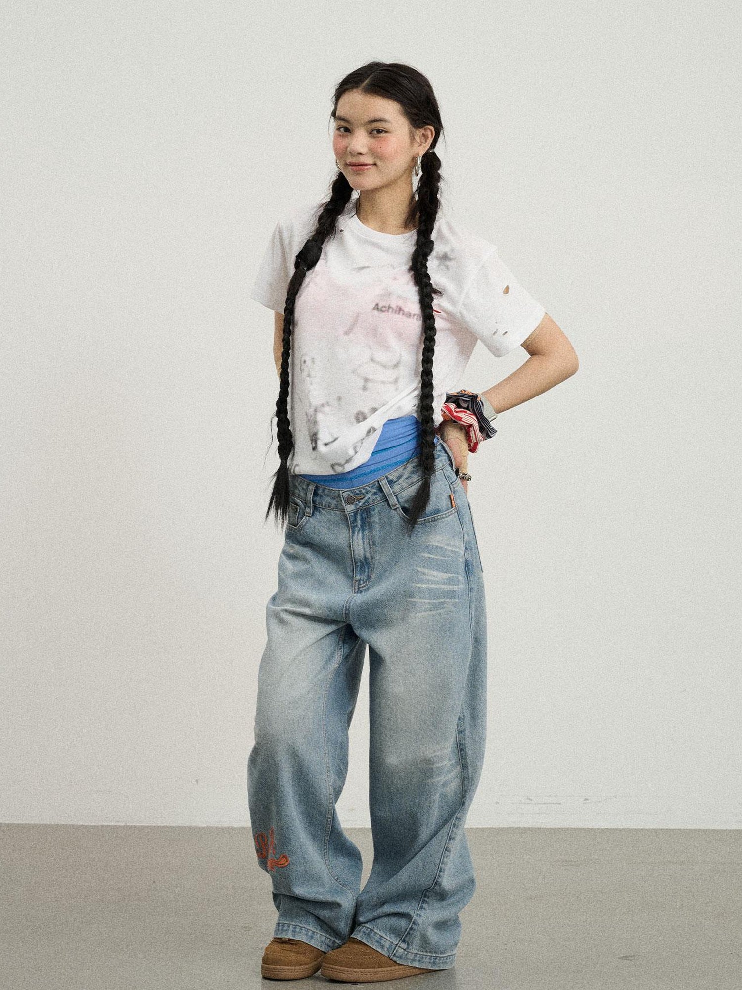 Achihara Iceland Summer Washed Denim Wide Leg Jeans