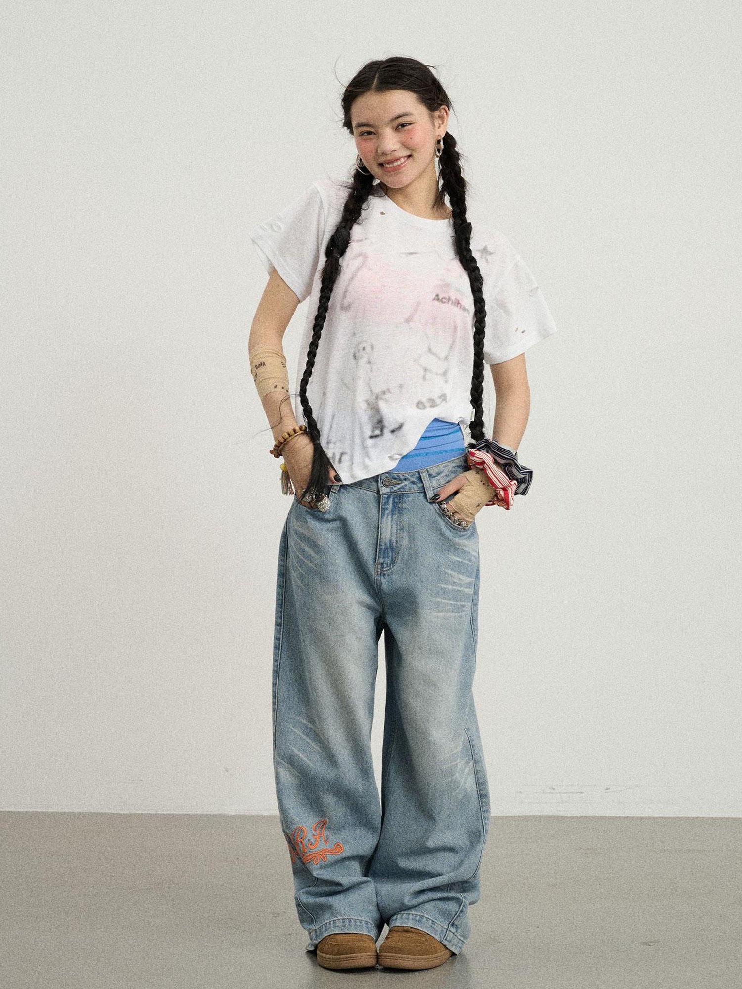 Achihara Iceland Summer Washed Denim Wide Leg Jeans