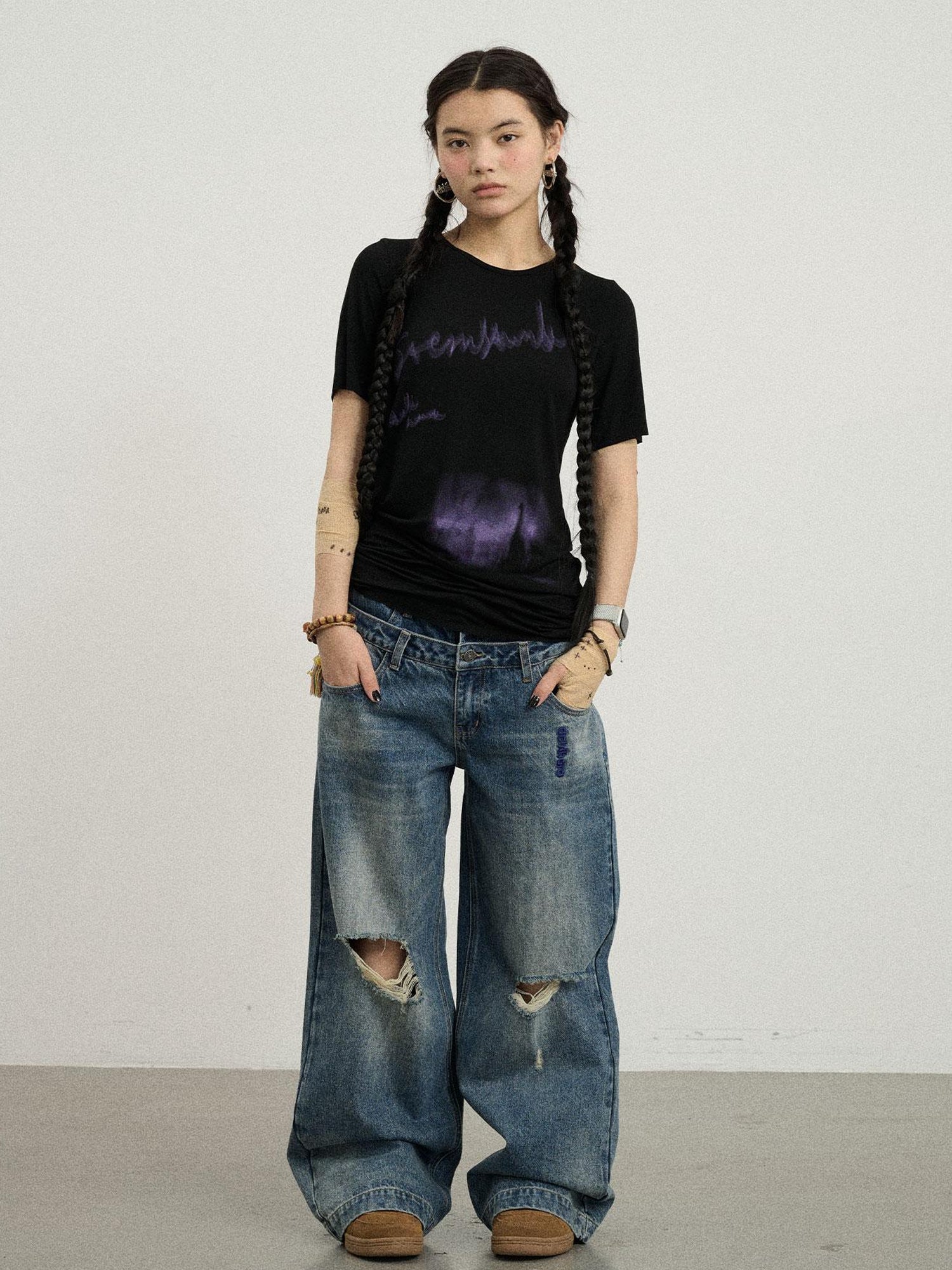 Achihara Jelly T Shirt 2025 Summer Slim Fit Women Top With Aurora Print