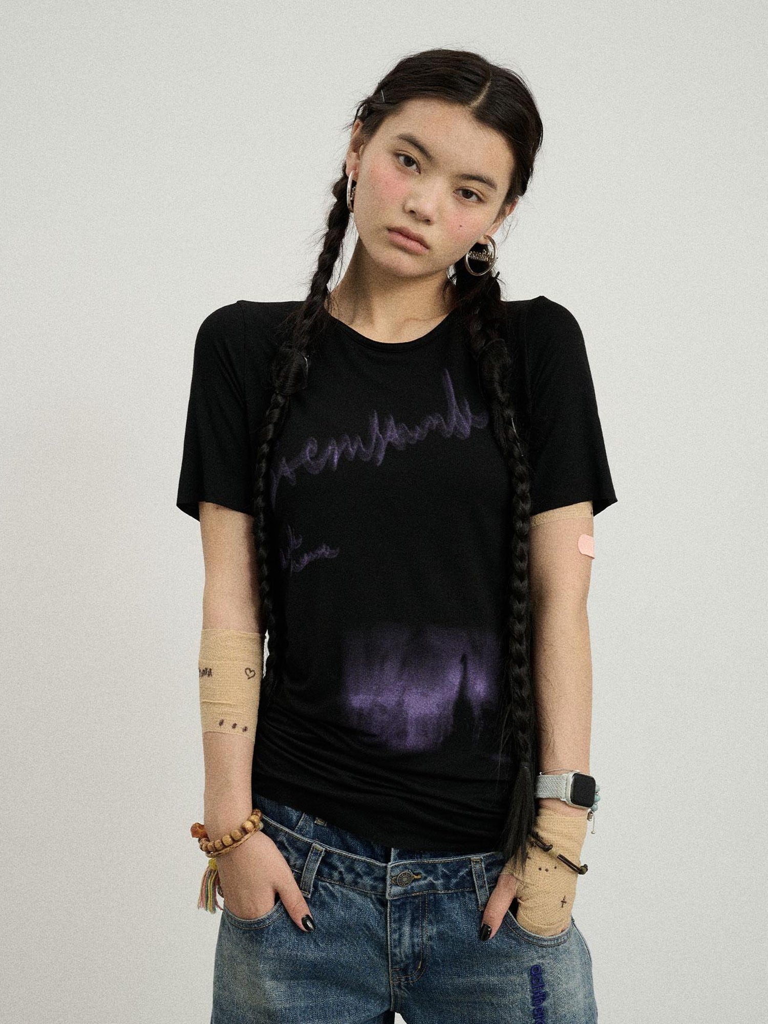 Achihara Jelly T Shirt 2025 Summer Slim Fit Women Top With Aurora Print