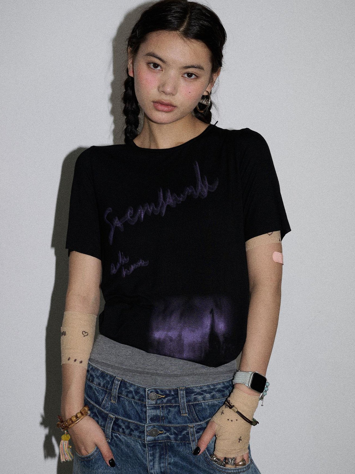 Achihara Jelly T Shirt 2025 Summer Slim Fit Women Top With Aurora Print