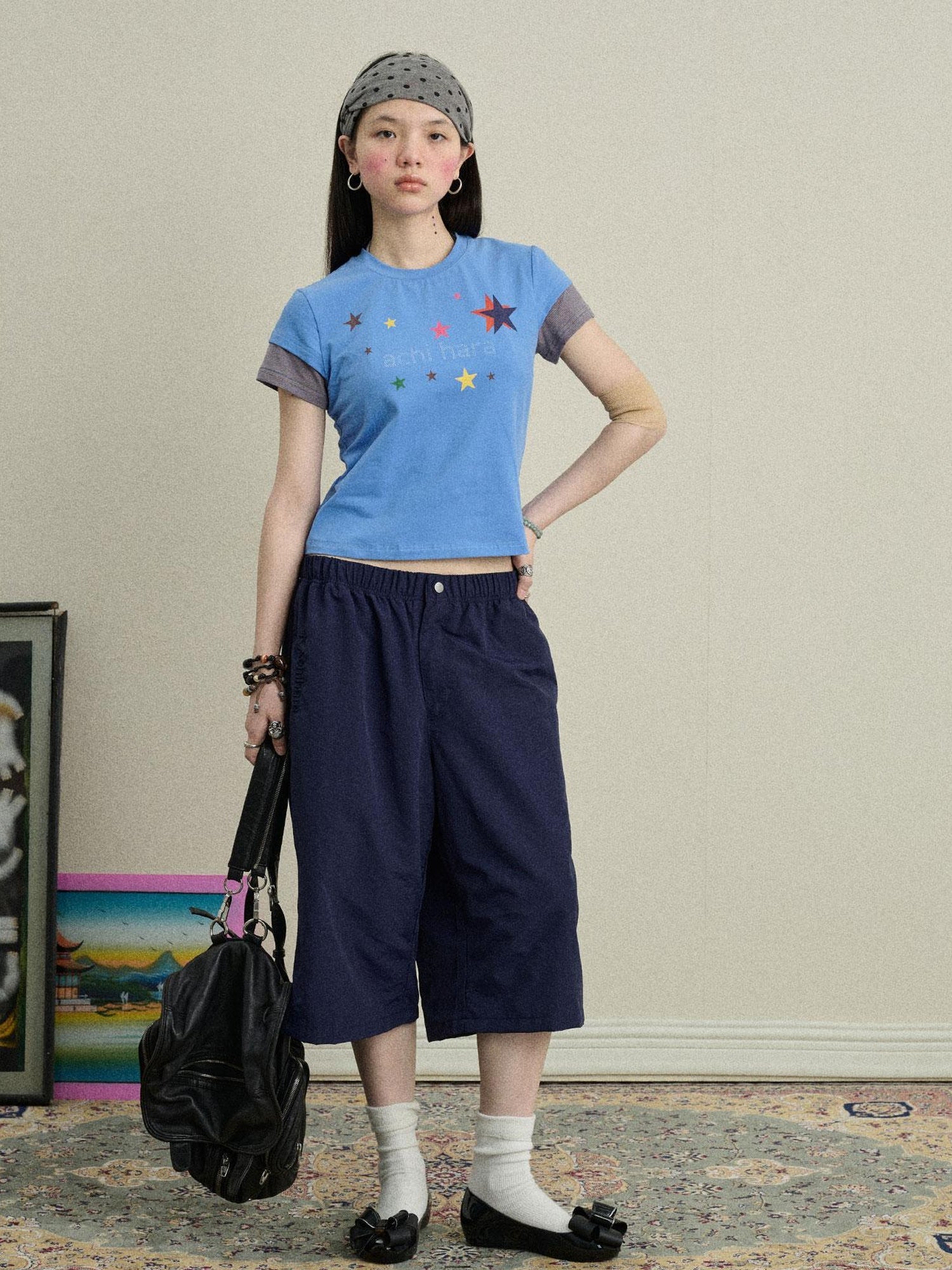 Achihara Jumping Sugar Starry Tee V Neck T Shirt Long Sleeve