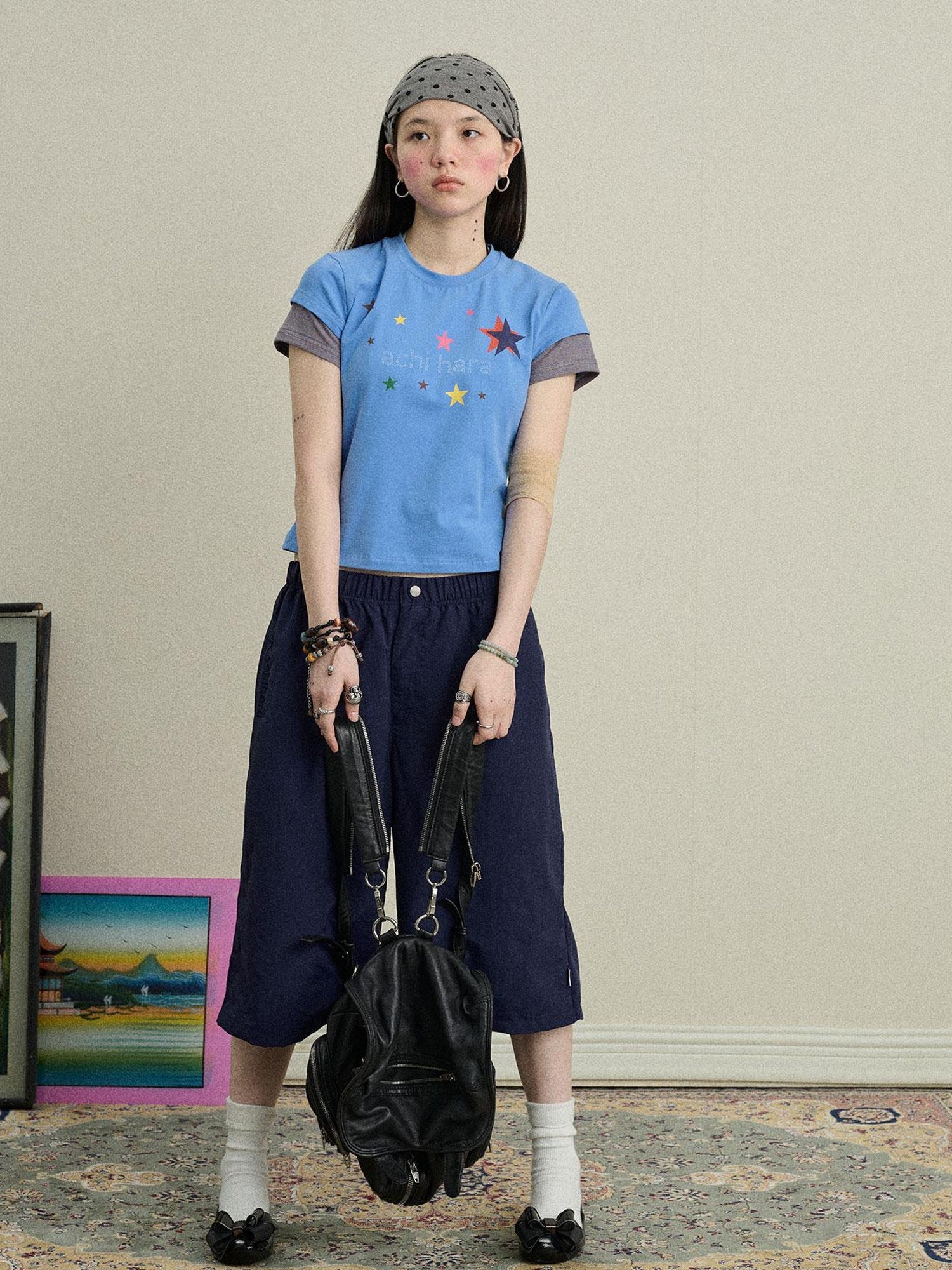 Achihara Jumping Sugar Starry Tee V Neck T Shirt Long Sleeve