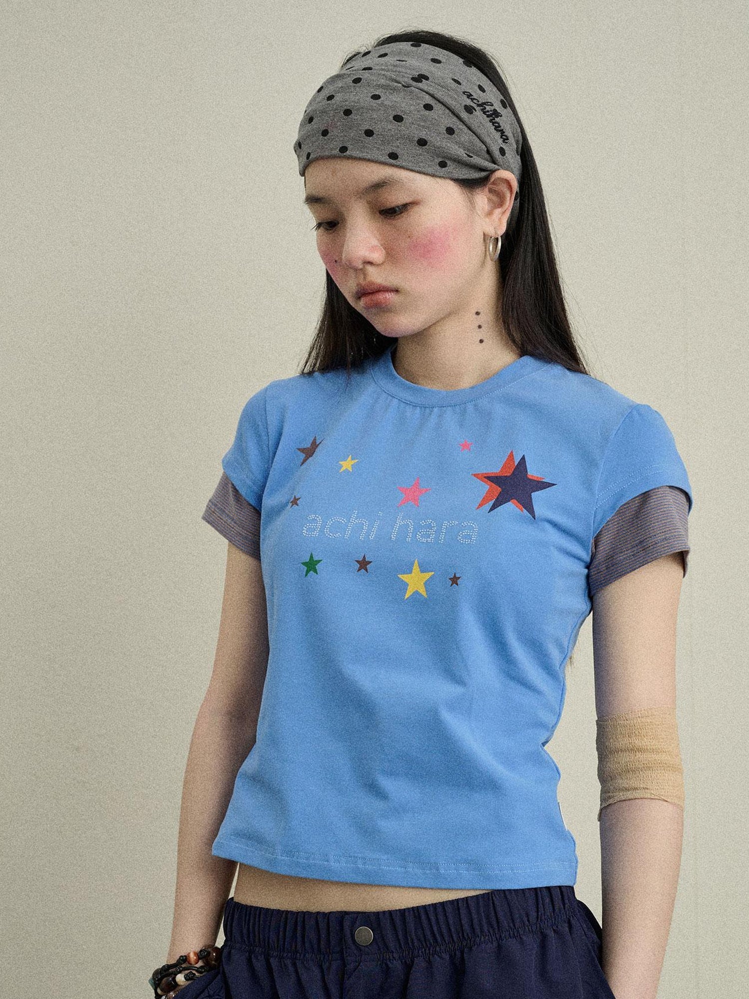 Achihara Jumping Sugar Starry Tee V Neck T Shirt Long Sleeve