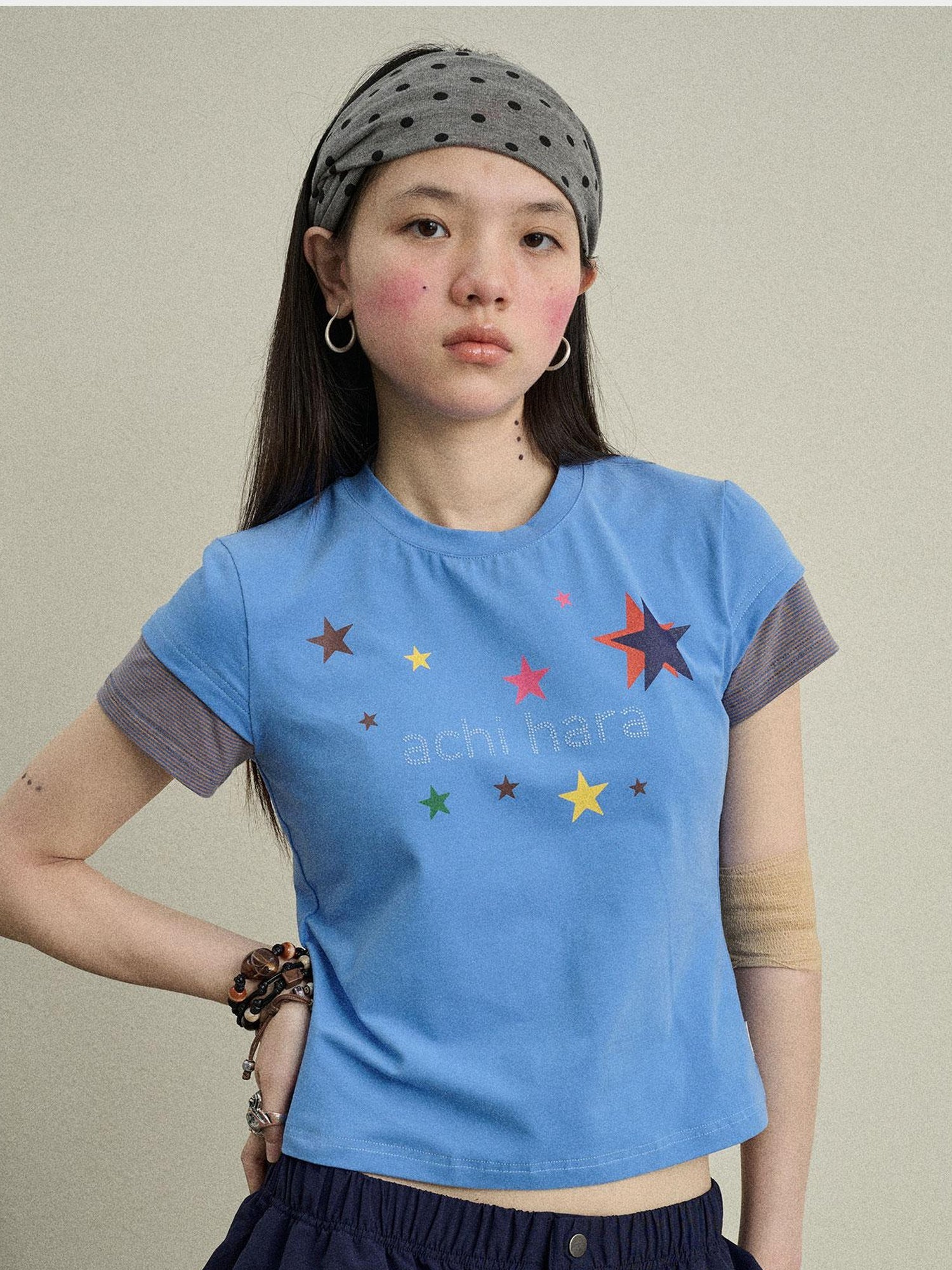Achihara Jumping Sugar Starry Tee V Neck T Shirt Long Sleeve