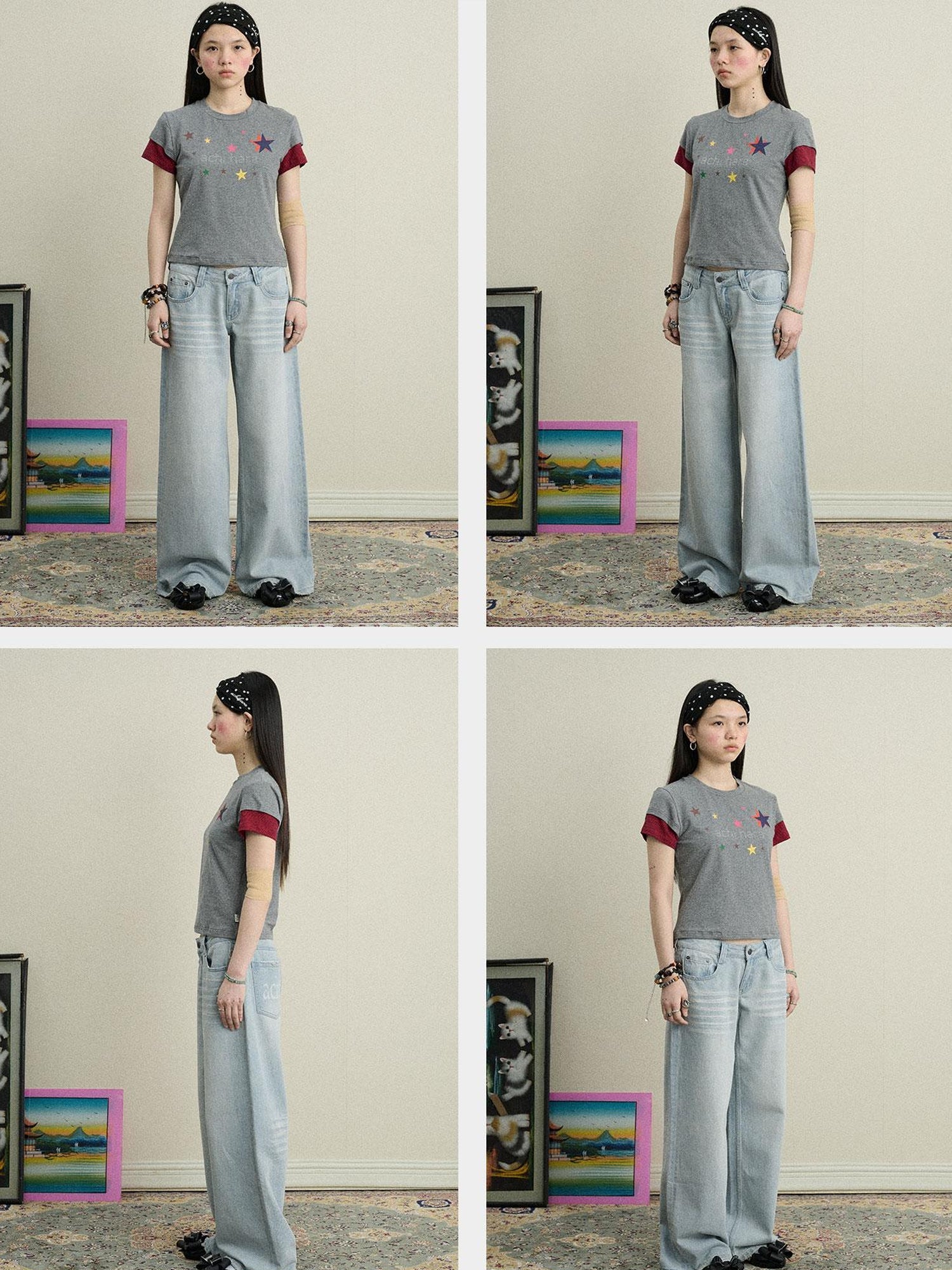 Achihara Jumping Sugar Starry Tee V Neck T Shirt Long Sleeve
