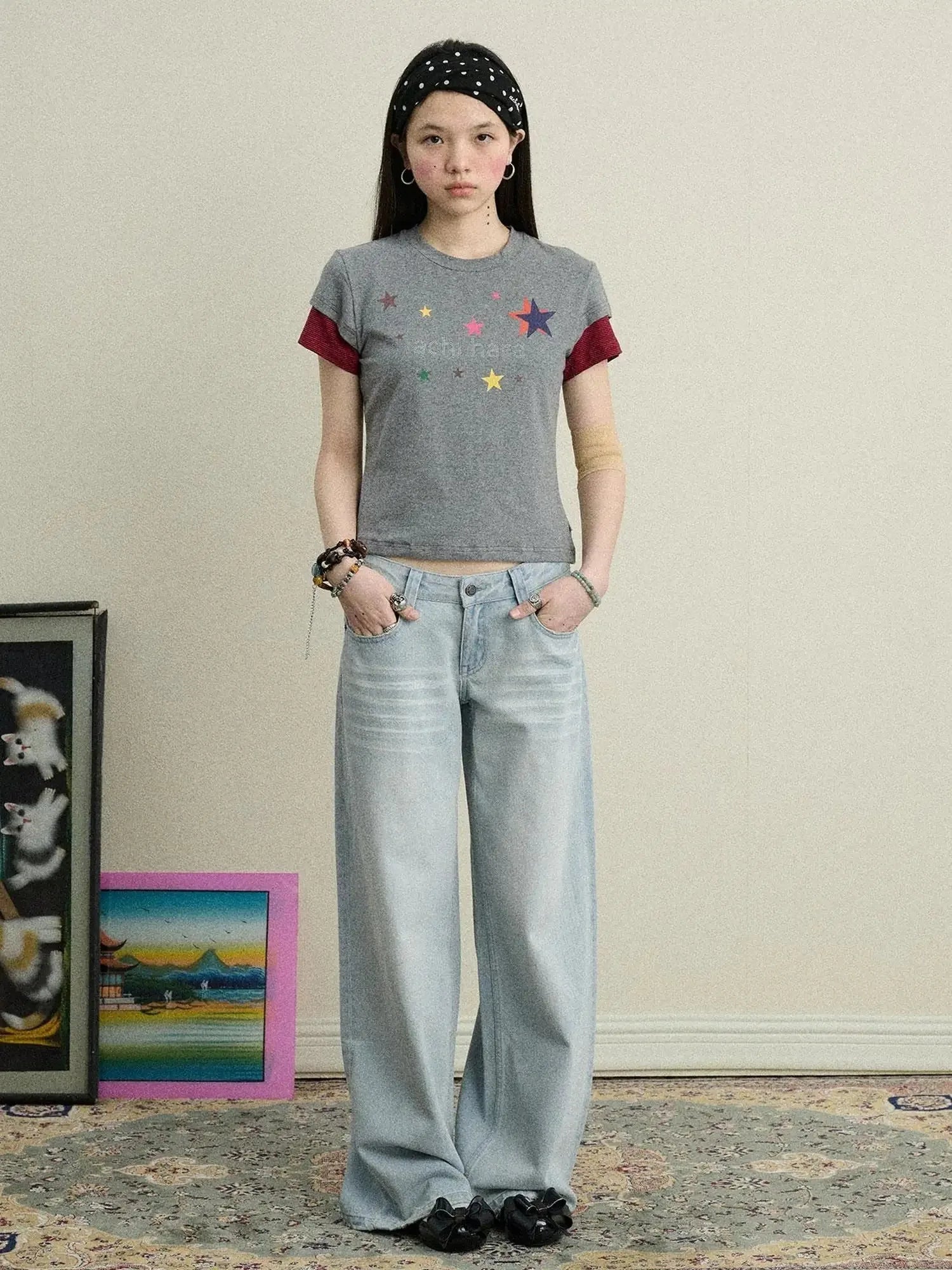 Jumping Sugar Starry Tee V Neck T Shirt Long Sleeve