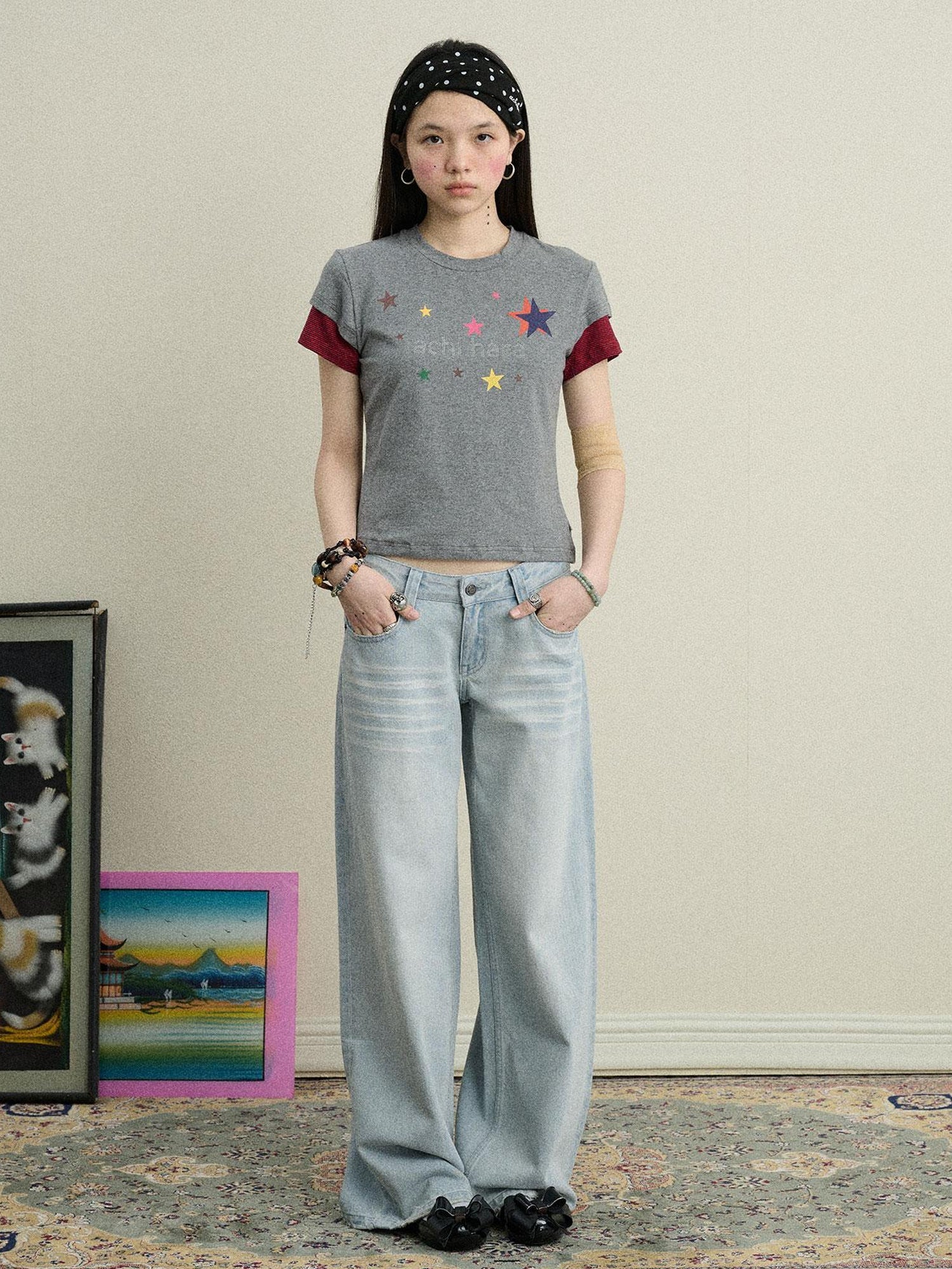 Achihara Jumping Sugar Starry Tee V Neck T Shirt Long Sleeve