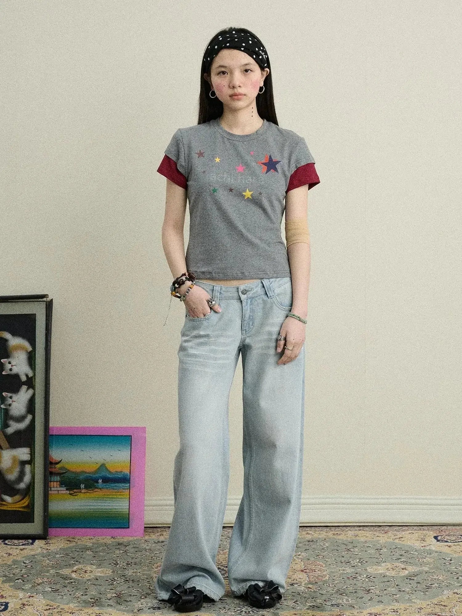 Jumping Sugar Starry Tee V Neck T Shirt Long Sleeve
