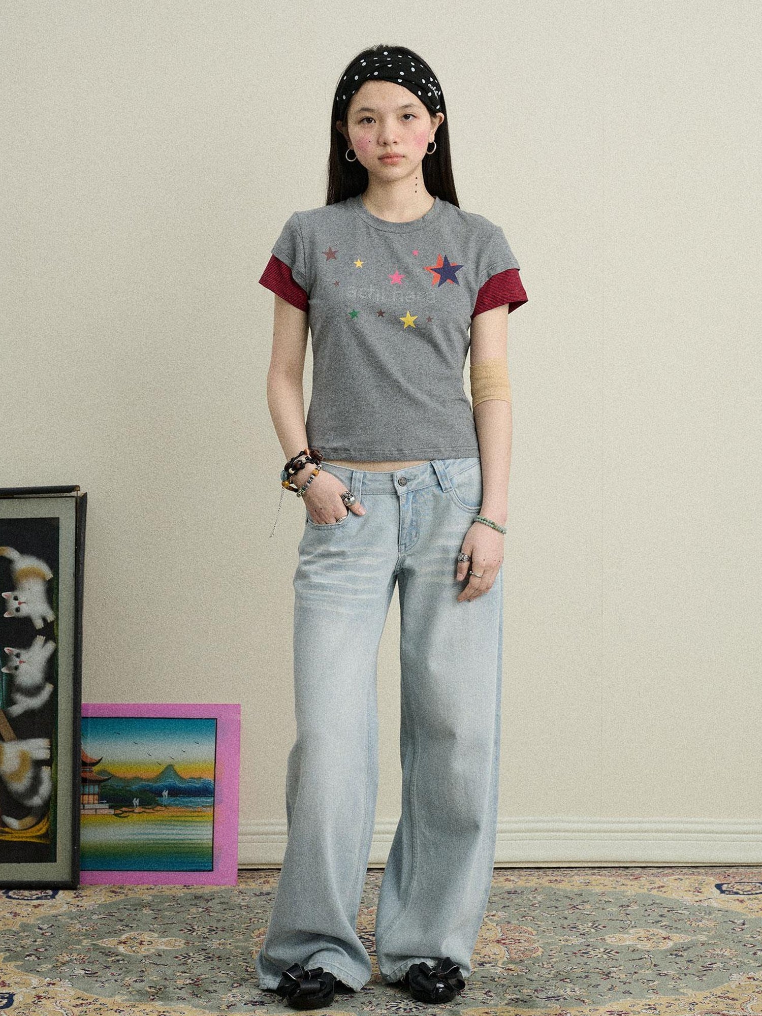 Achihara Jumping Sugar Starry Tee V Neck T Shirt Long Sleeve