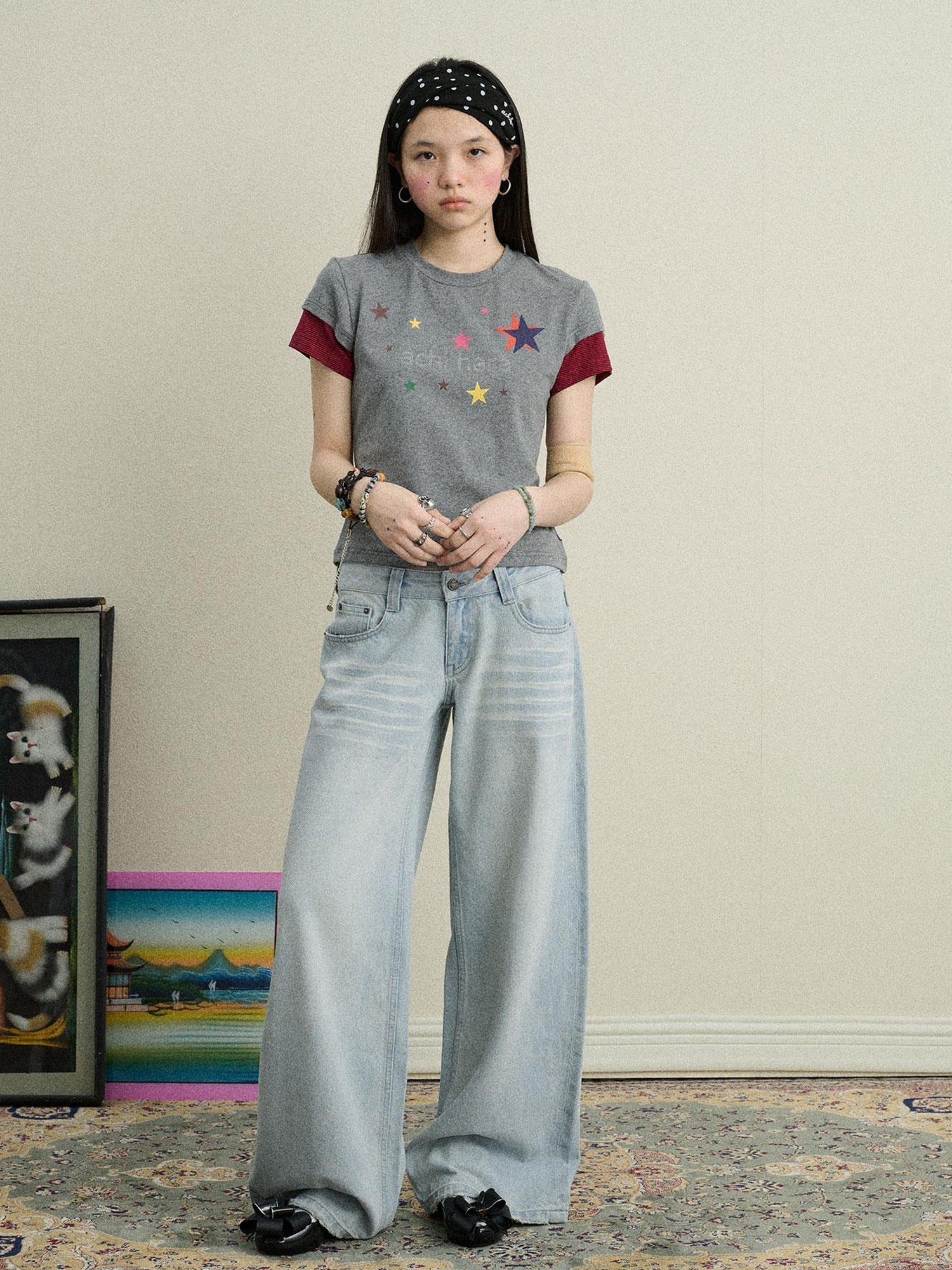 Achihara Jumping Sugar Starry Tee V Neck T Shirt Long Sleeve