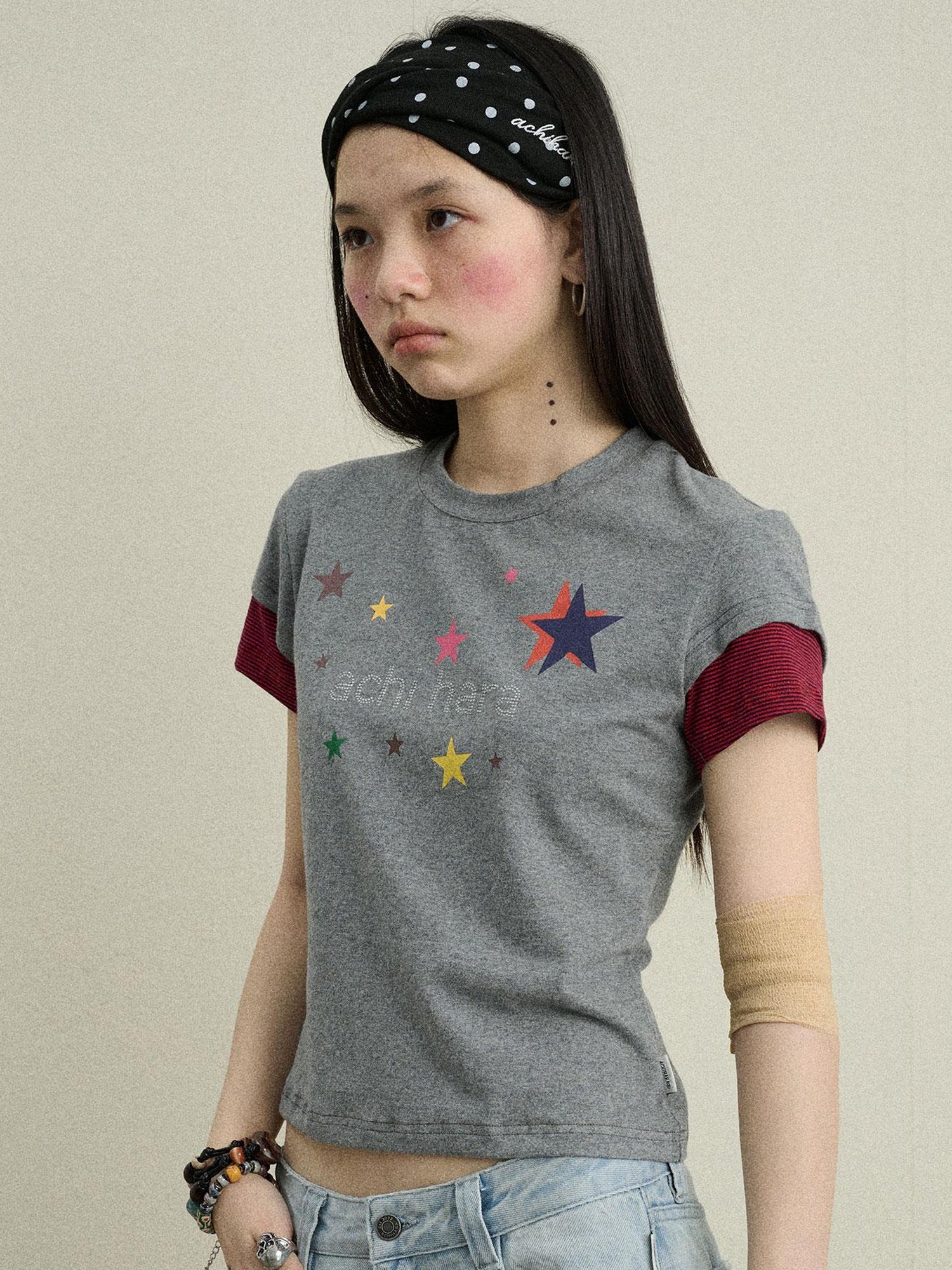 Achihara Jumping Sugar Starry Tee V Neck T Shirt Long Sleeve