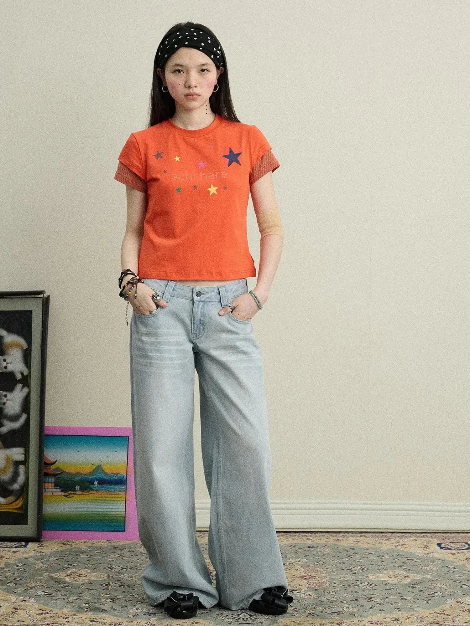 Jumping Sugar Starry Tee V Neck T Shirt Long Sleeve