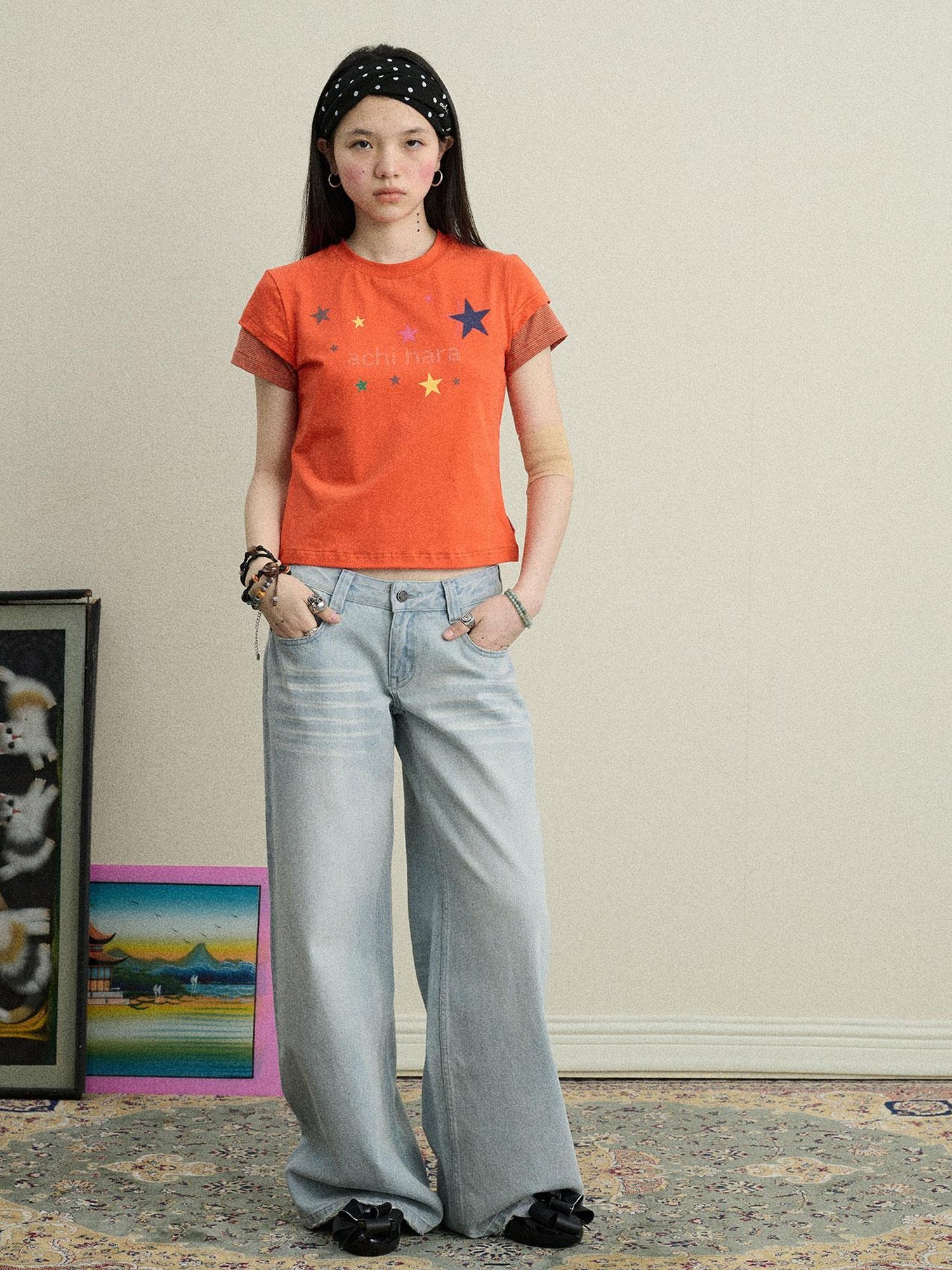 Achihara Jumping Sugar Starry Tee V Neck T Shirt Long Sleeve