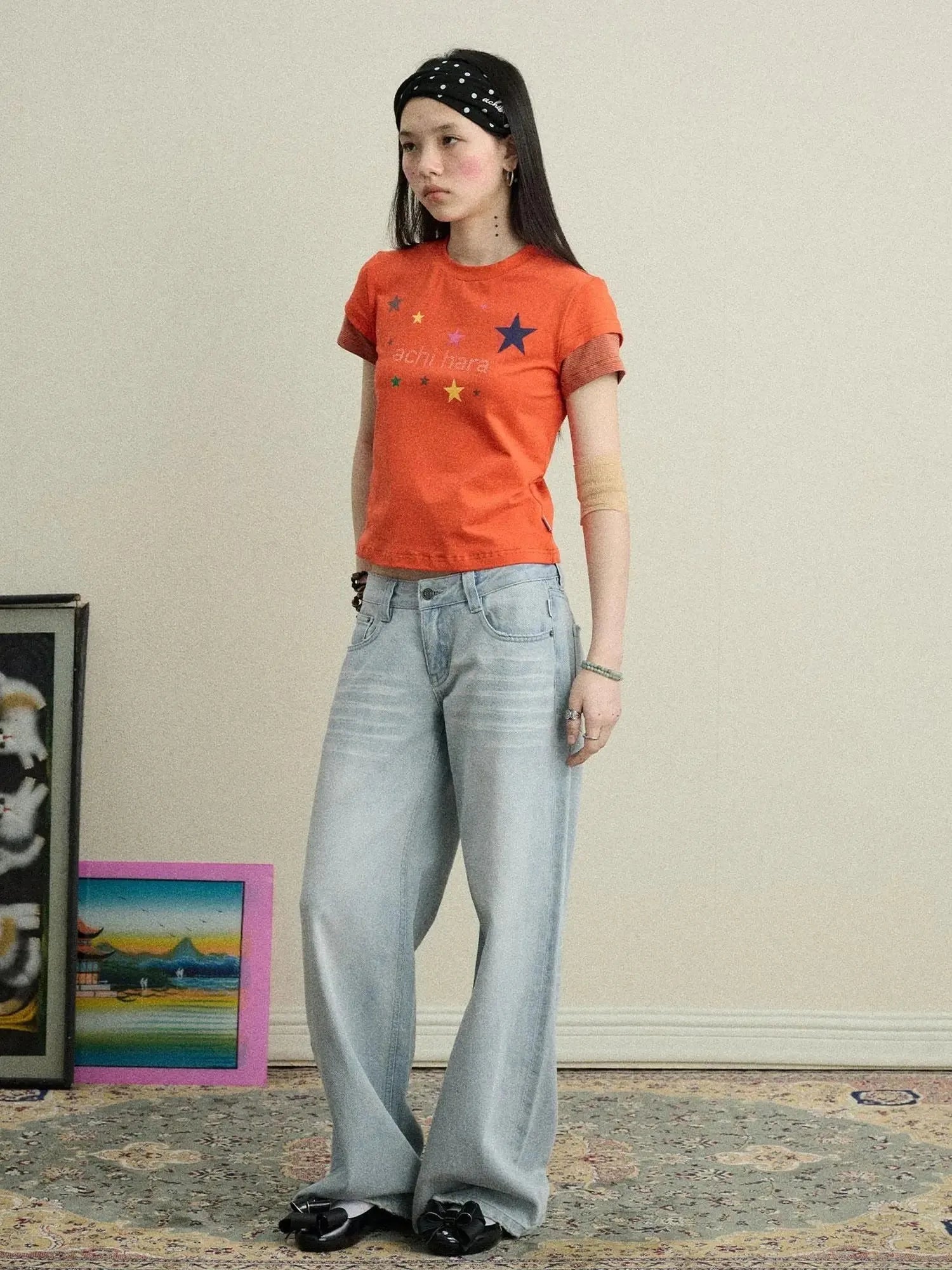 Jumping Sugar Starry Tee V Neck T Shirt Long Sleeve
