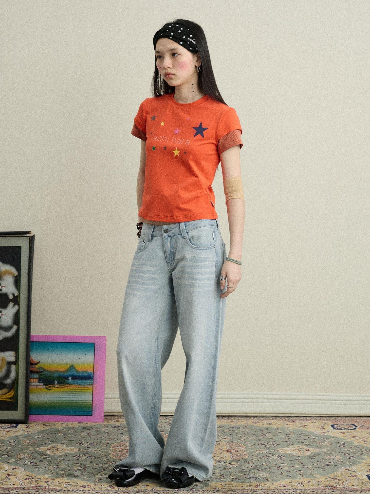 Achihara Jumping Sugar Starry Tee V Neck T Shirt Long Sleeve