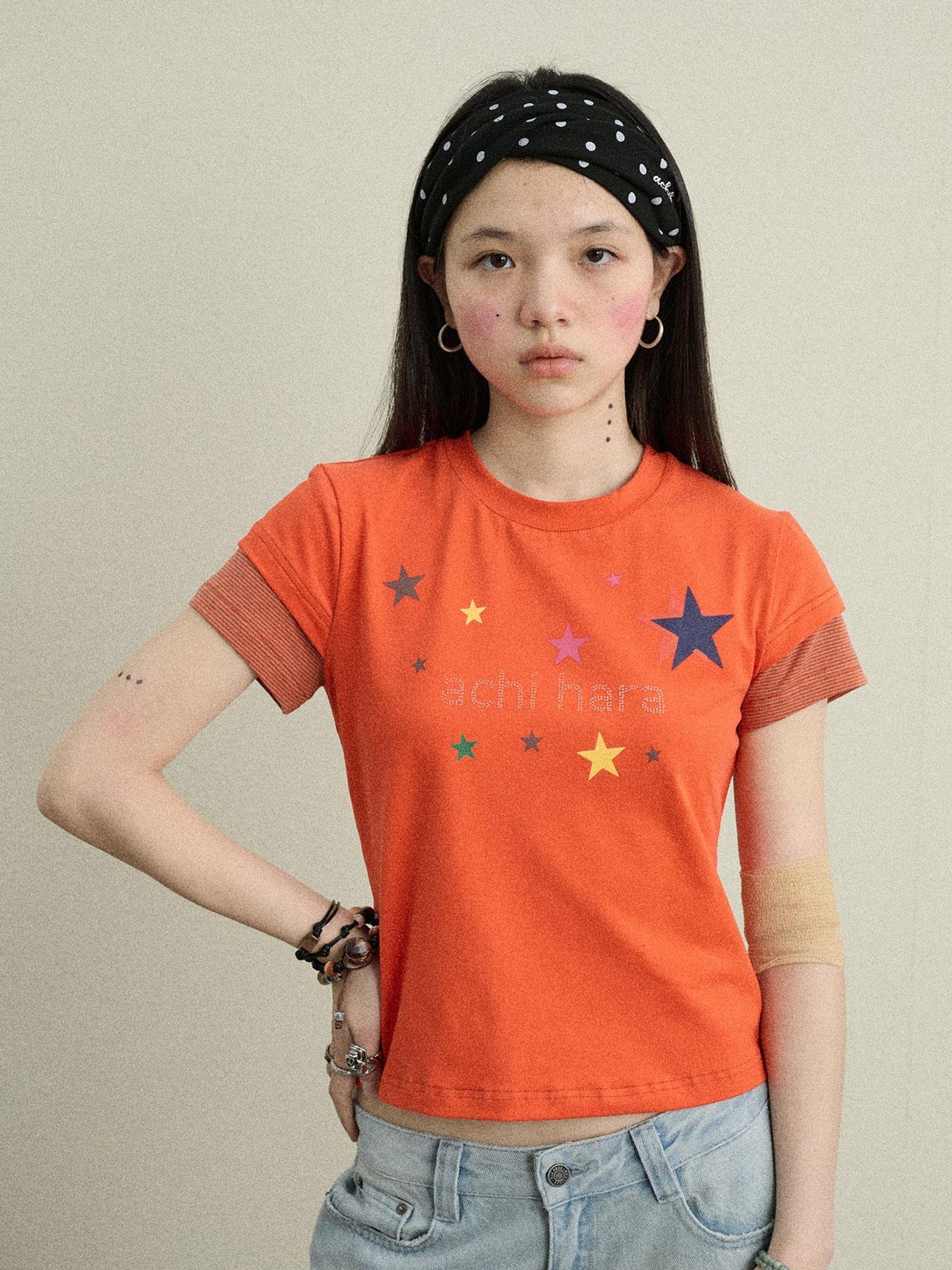 Achihara Jumping Sugar Starry Tee V Neck T Shirt Long Sleeve