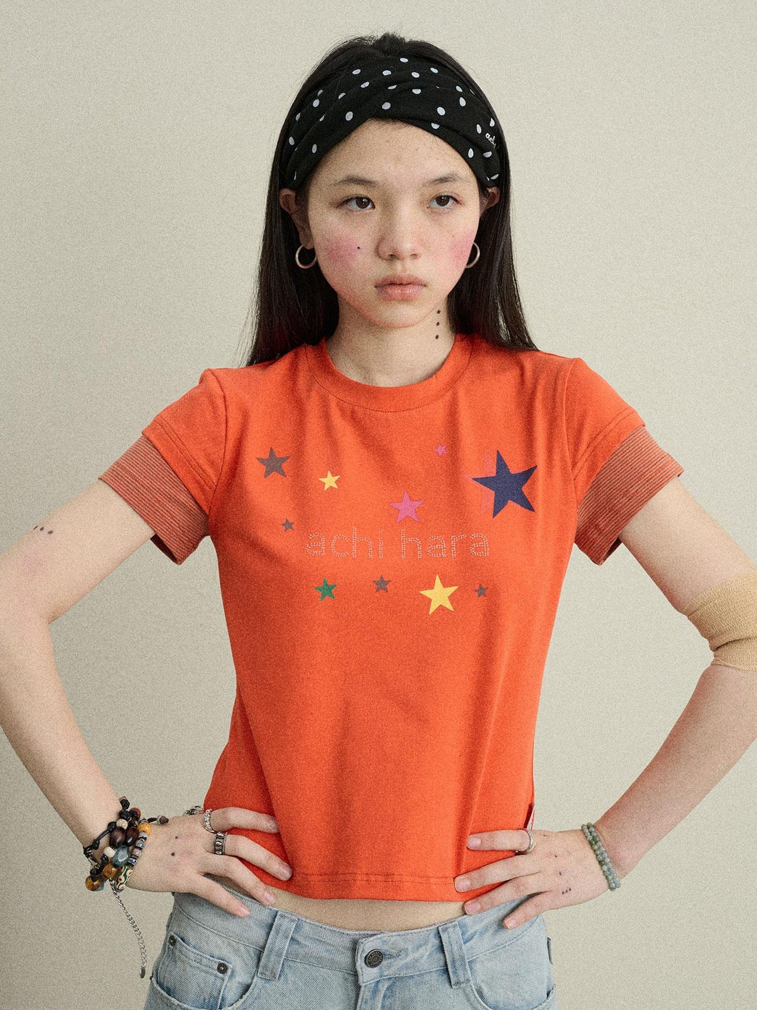 Achihara Jumping Sugar Starry Tee V Neck T Shirt Long Sleeve