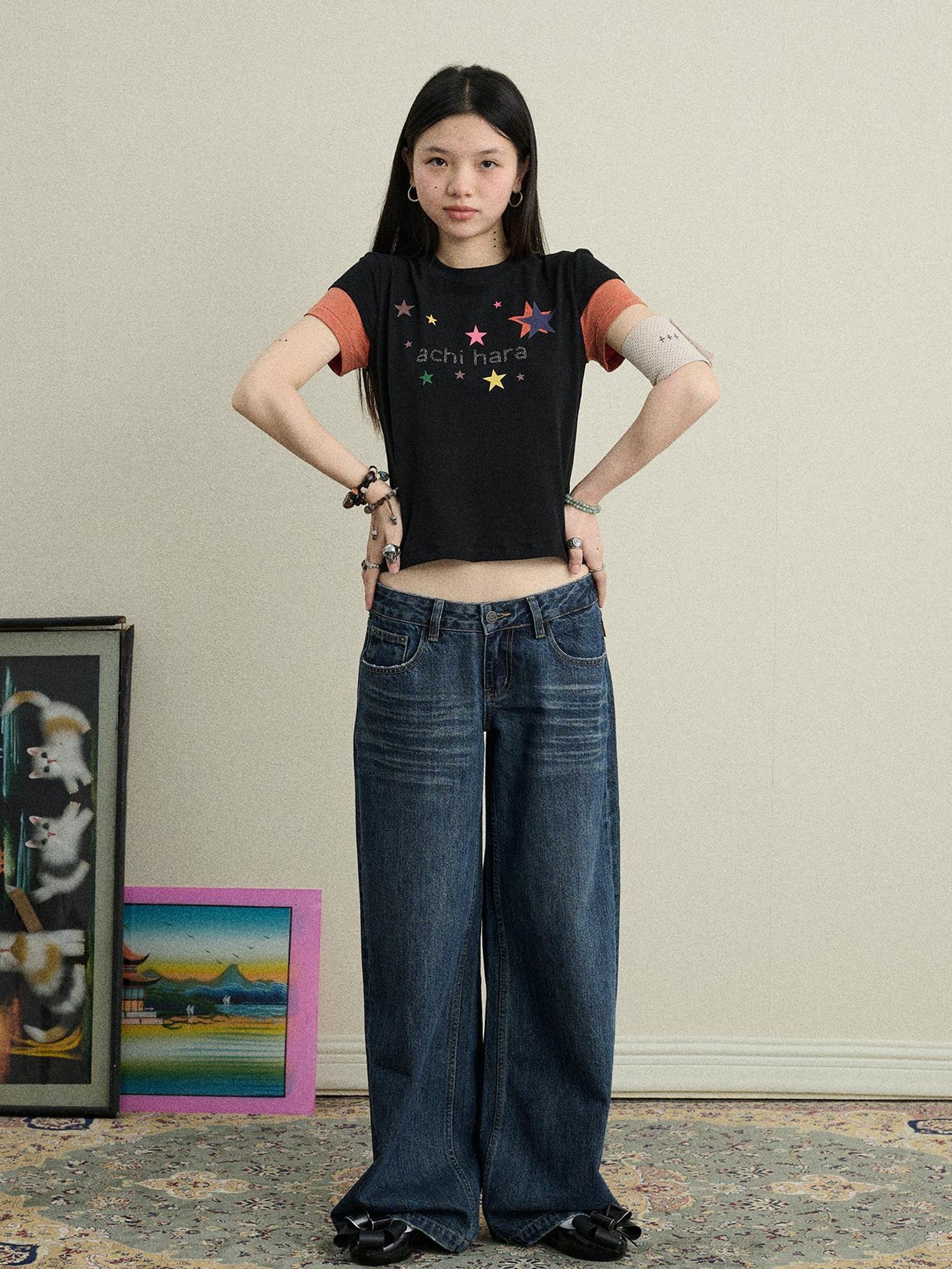 Achihara Jumping Sugar Starry Tee V Neck T Shirt Long Sleeve