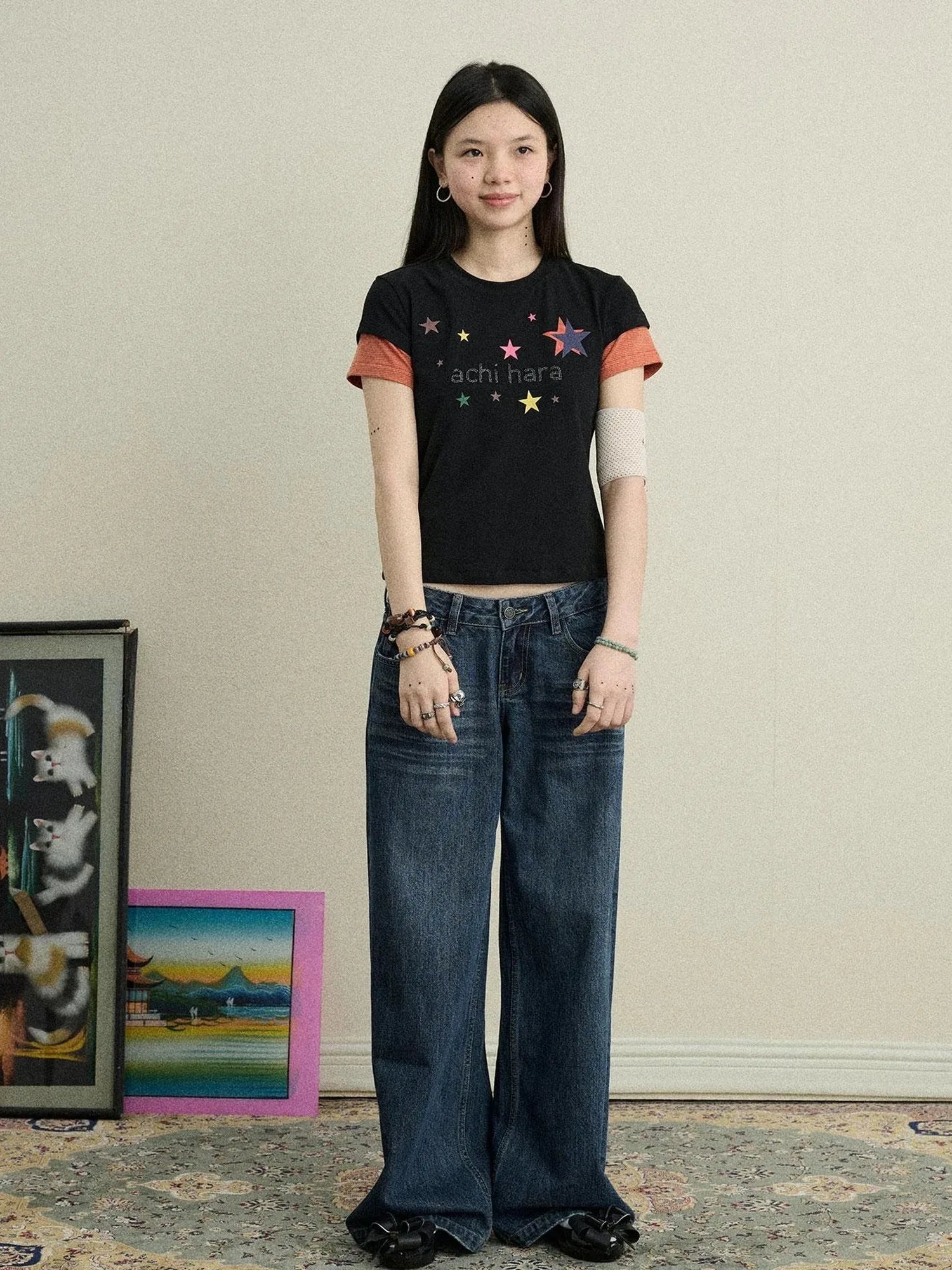 Jumping Sugar Starry Tee V Neck T Shirt Long Sleeve