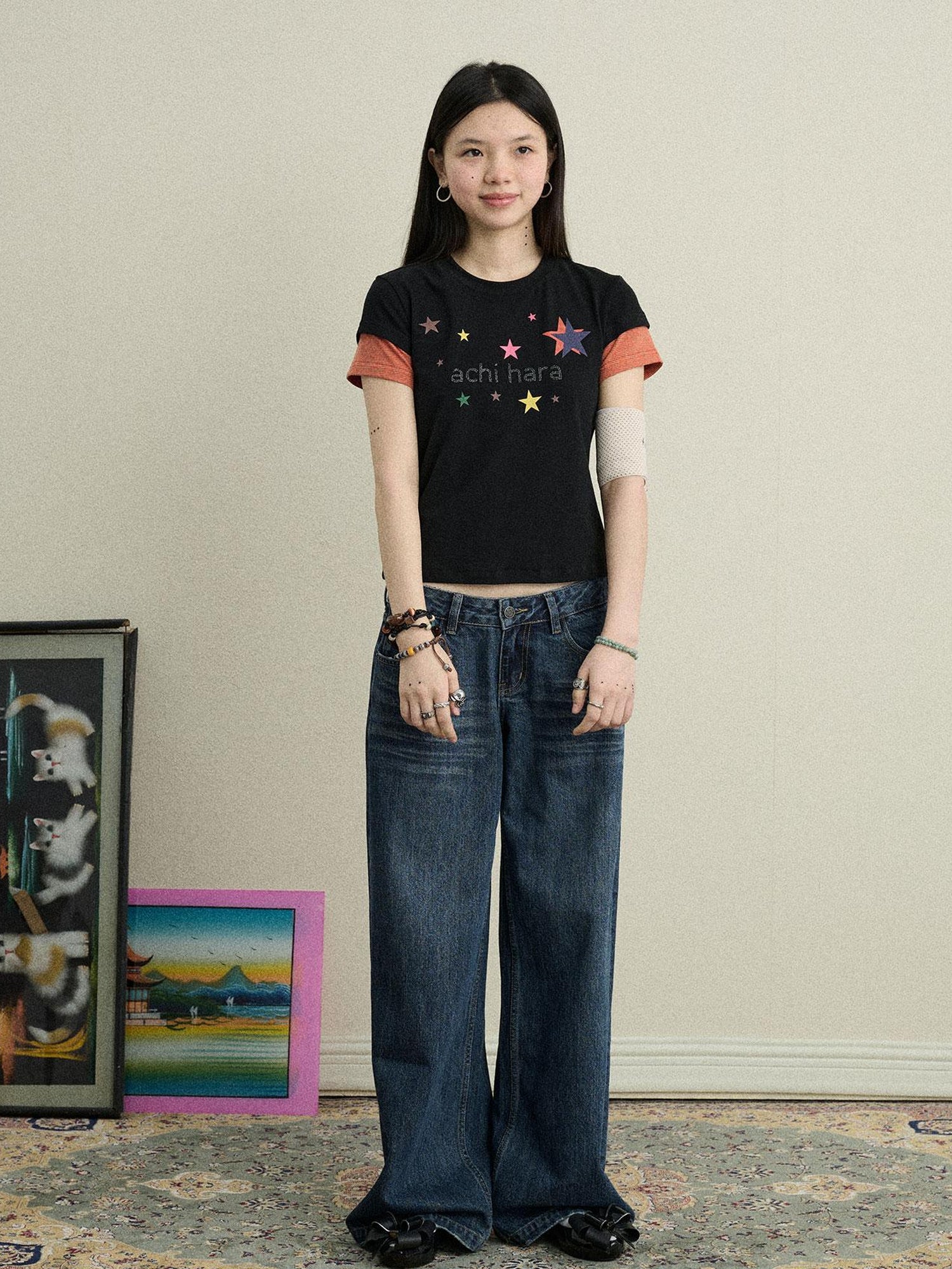 Achihara Jumping Sugar Starry Tee V Neck T Shirt Long Sleeve