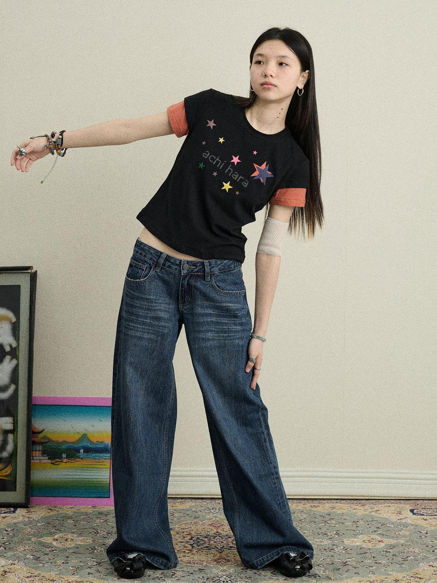 Achihara Jumping Sugar Starry Tee V Neck T Shirt Long Sleeve