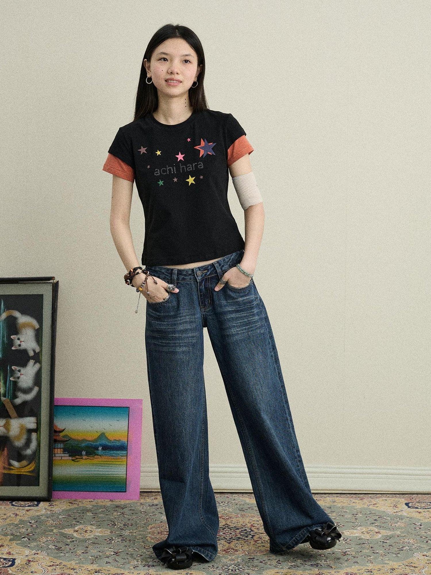 Achihara Jumping Sugar Starry Tee V Neck T Shirt Long Sleeve