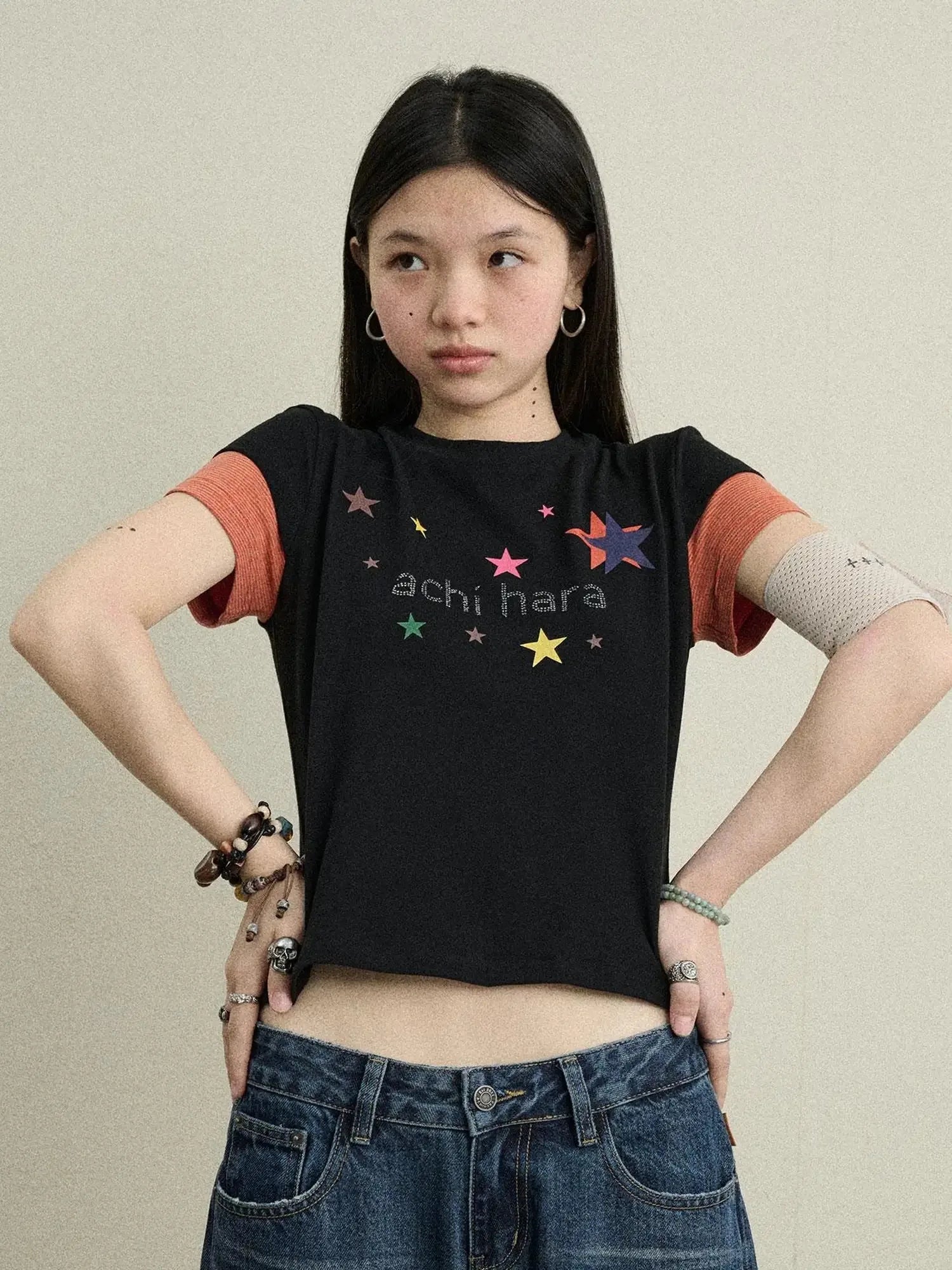 Jumping Sugar Starry Tee V Neck T Shirt Long Sleeve