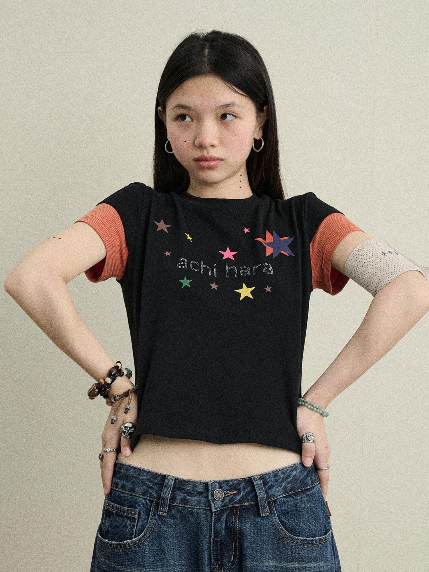 Achihara Jumping Sugar Starry Tee V Neck T Shirt Long Sleeve