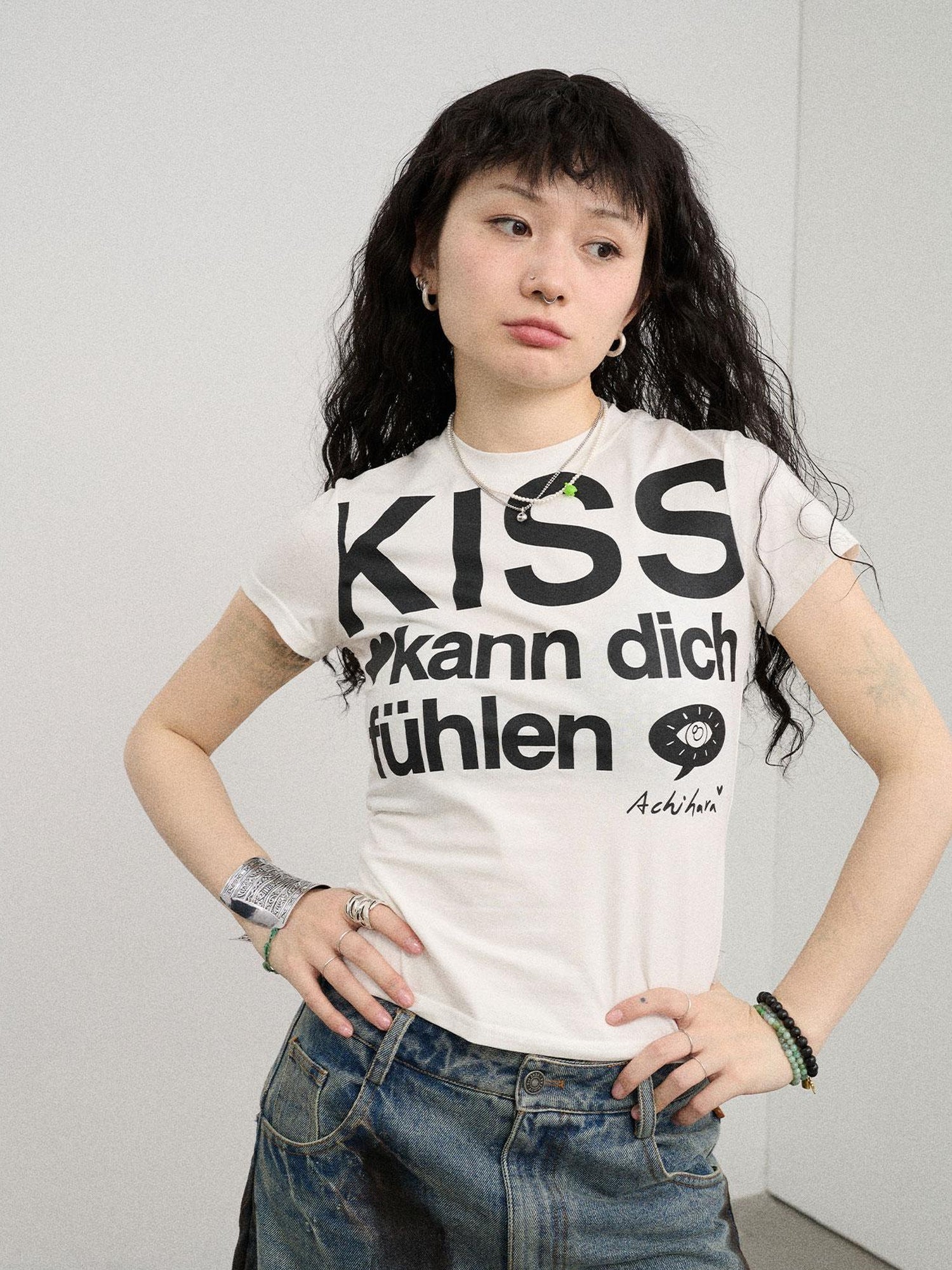 Achihara Kiss Fish German Print Slim Fit Tee