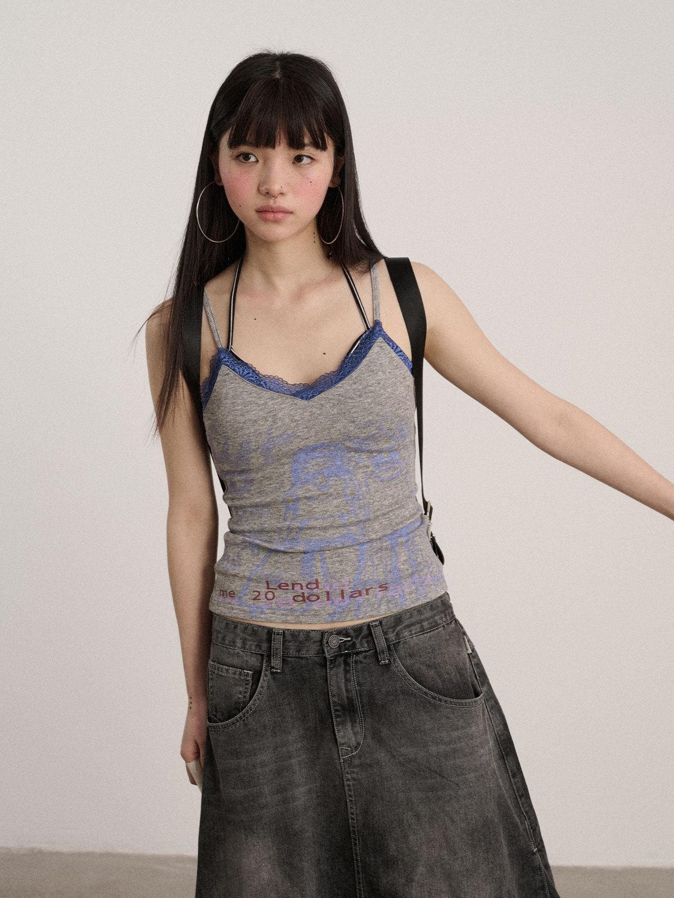 Achihara Lace V-neck Slim Fit Cropped Strappy Women Letter Print Polyester Tank Tops